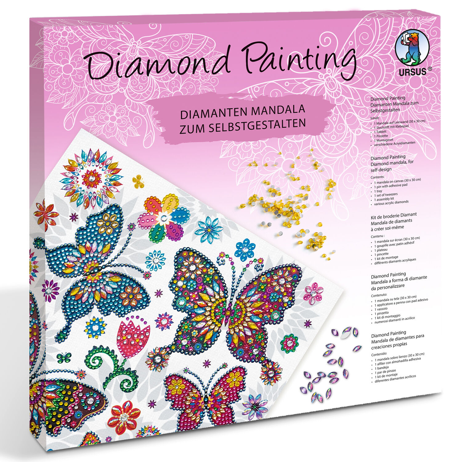 Diamond Painting Set Mandala, 30 x 30 cm Keilrahmen mit Zubehr, Schmetterlinge