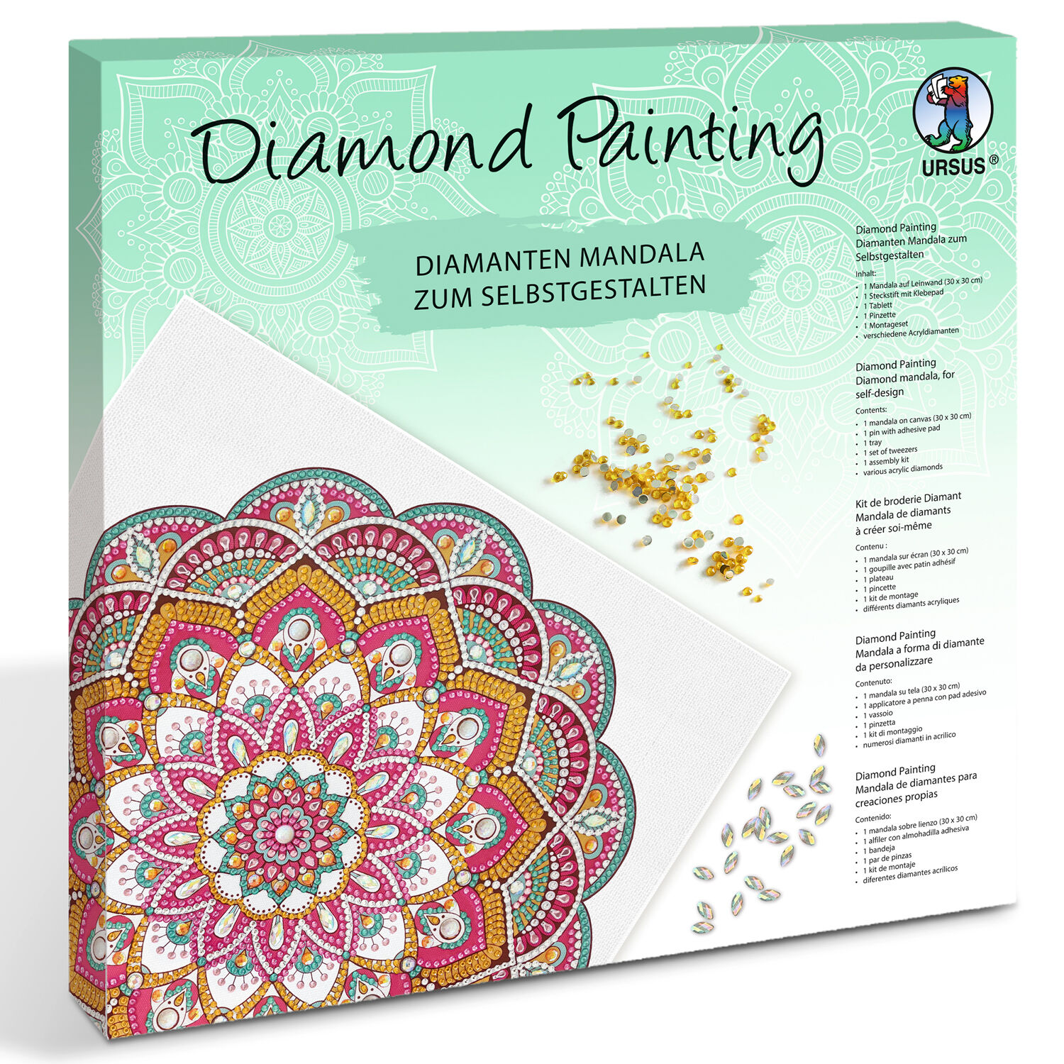 Diamond Painting Set Mandala, 30 x 30 cm Keilrahmen mit Zubehr, Magenta-Mint-Orange