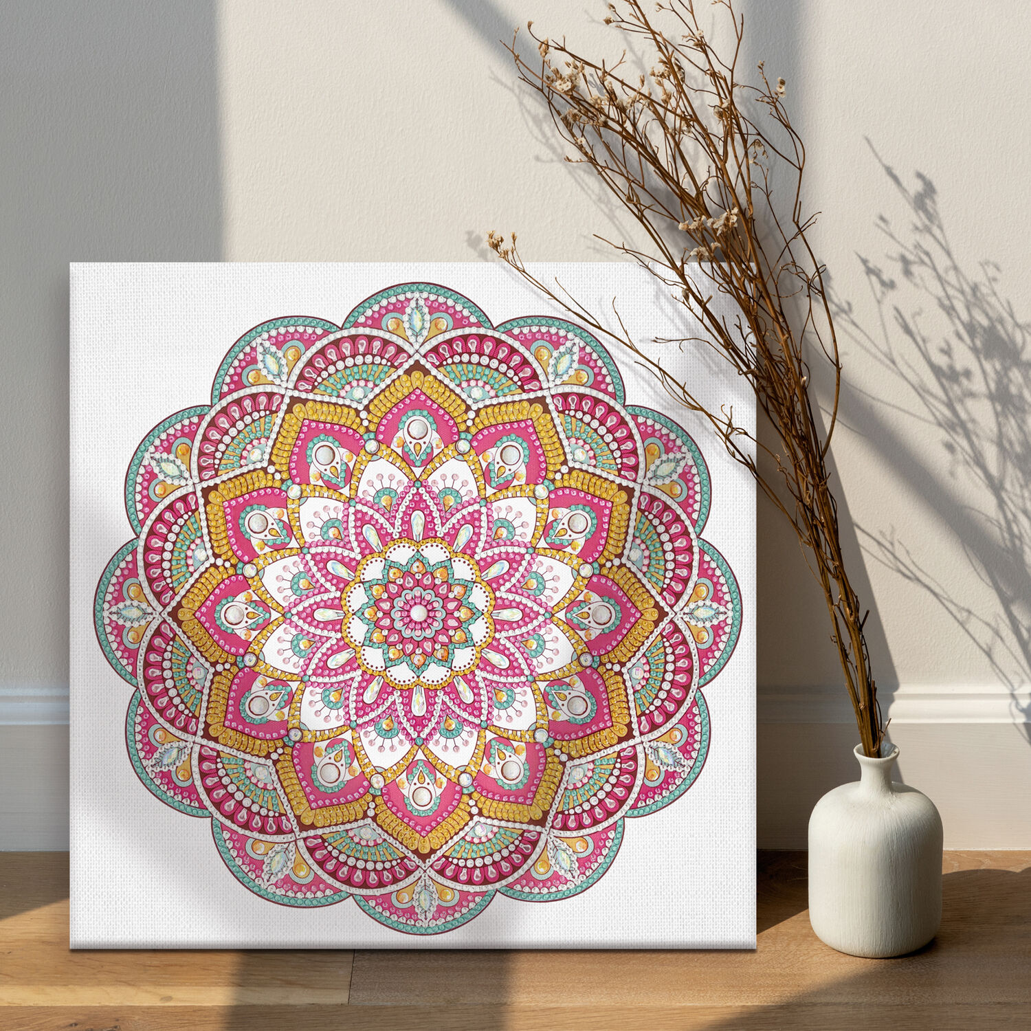 Diamond Painting Set Mandala, 30 x 30 cm Keilrahmen mit Zubehr, Magenta-Mint-Orange Bild 3