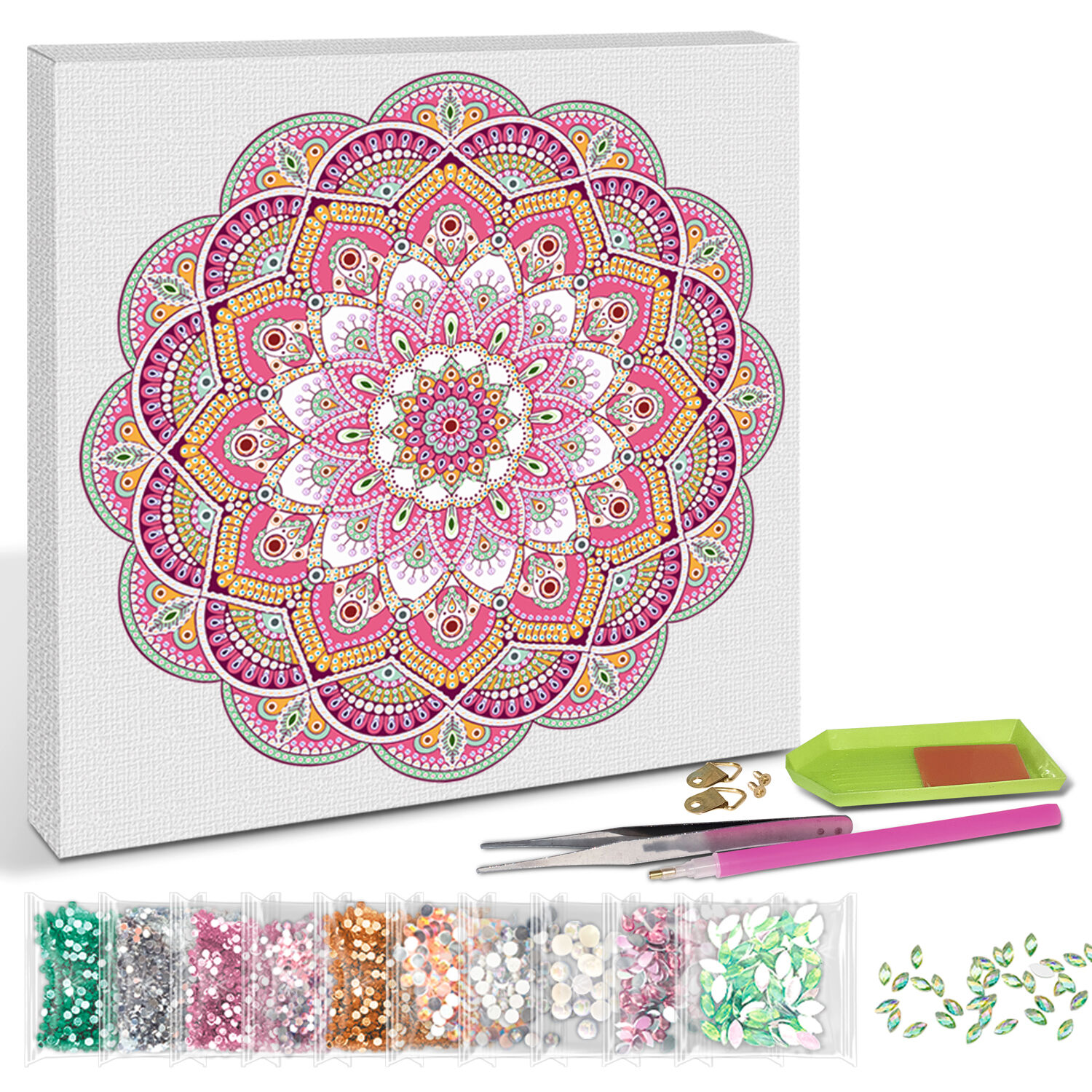 Diamond Painting Set Mandala, 30 x 30 cm Keilrahmen mit Zubehr, Magenta-Mint-Orange Bild 2