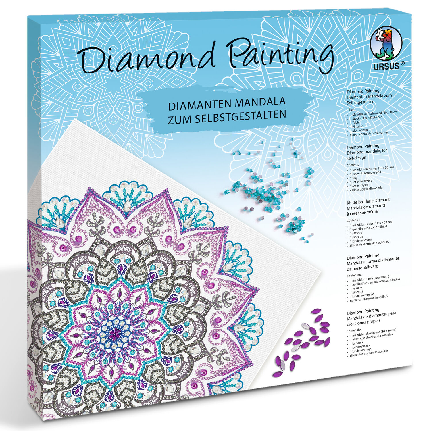 Diamond Painting Set Mandala, 30 x 30 cm Keilrahmen mit Zubehr, Trkis-Lila-Anthrazit