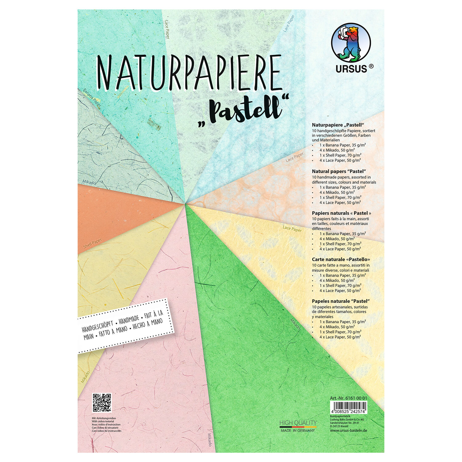 Naturpapiere Pastell, handgeschpft, ca. 22 x 32 cm, 10 Blatt sortiert