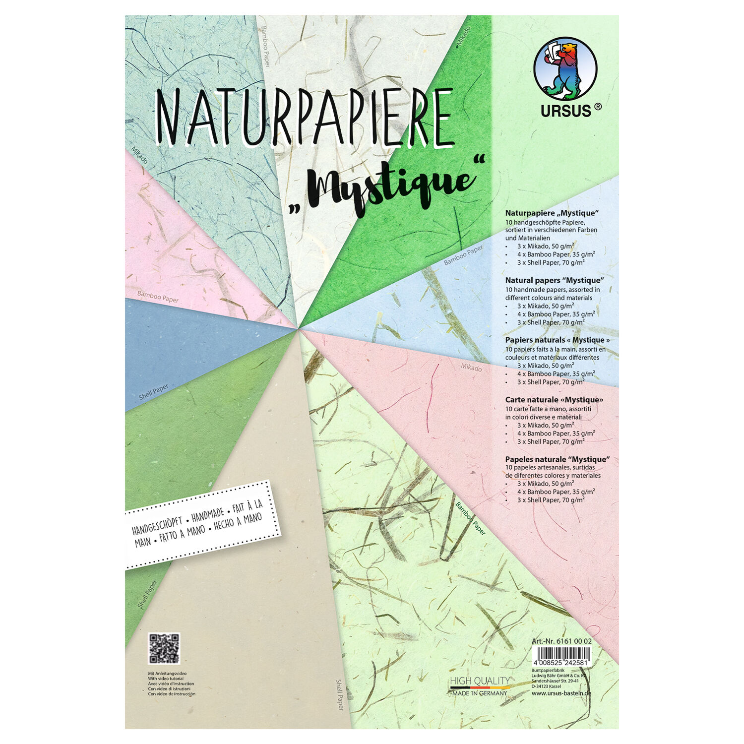 Naturpapiere Mystique, handgeschpft, ca. 22 x 32 cm, 10 Blatt sortiert