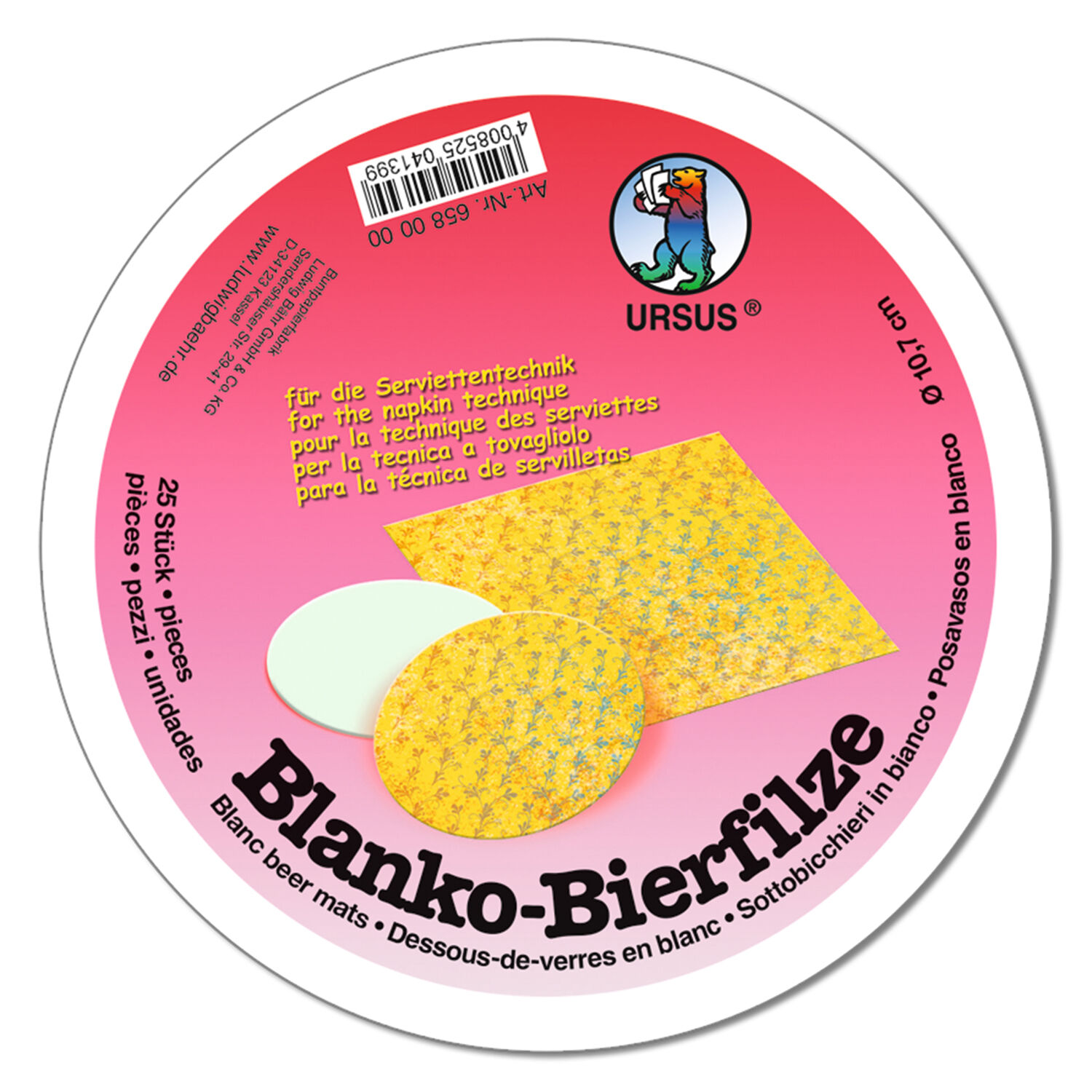 Blanko-Bierfilz / Bierdeckel rund, wei,  10,7 cm, 25 Stck