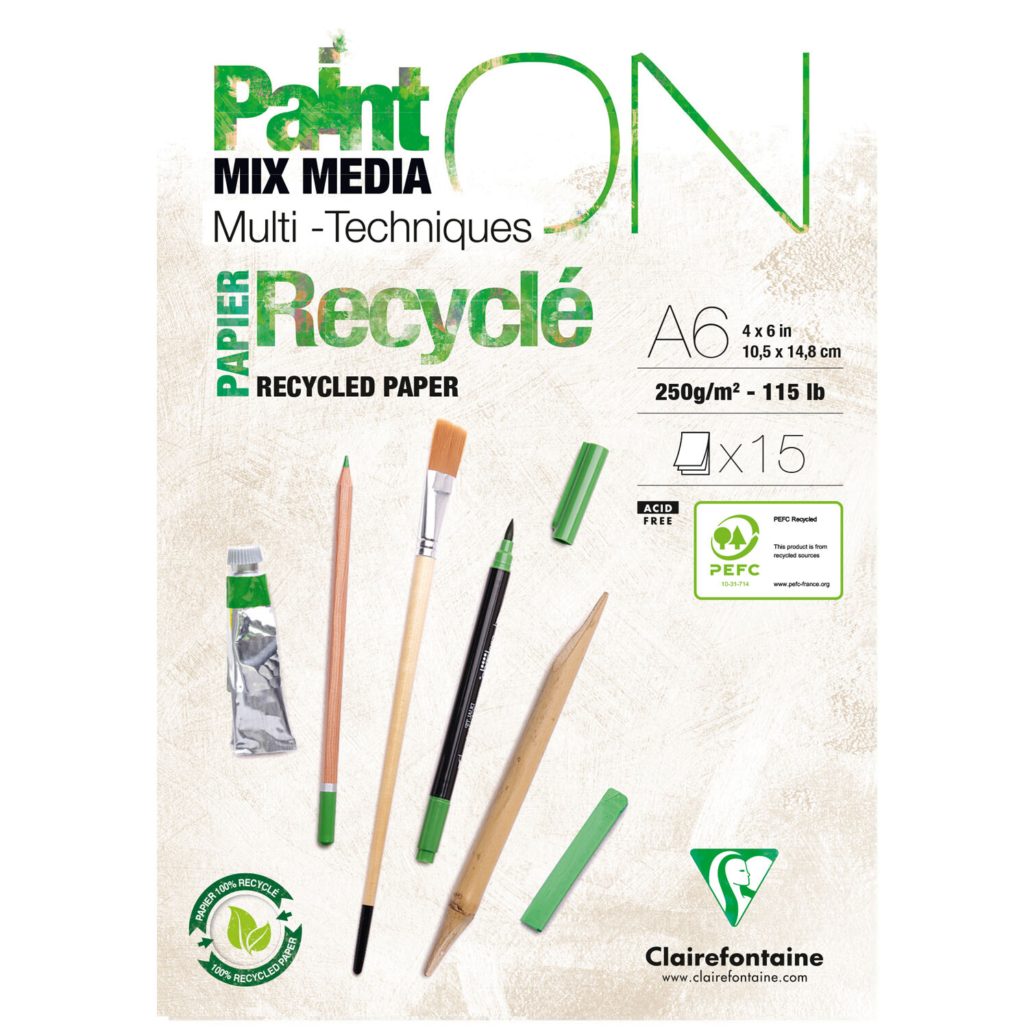NEU Clairefontaine Block Paint'On, Recycelt, DIN A6, 15 Blatt, 250g/qm