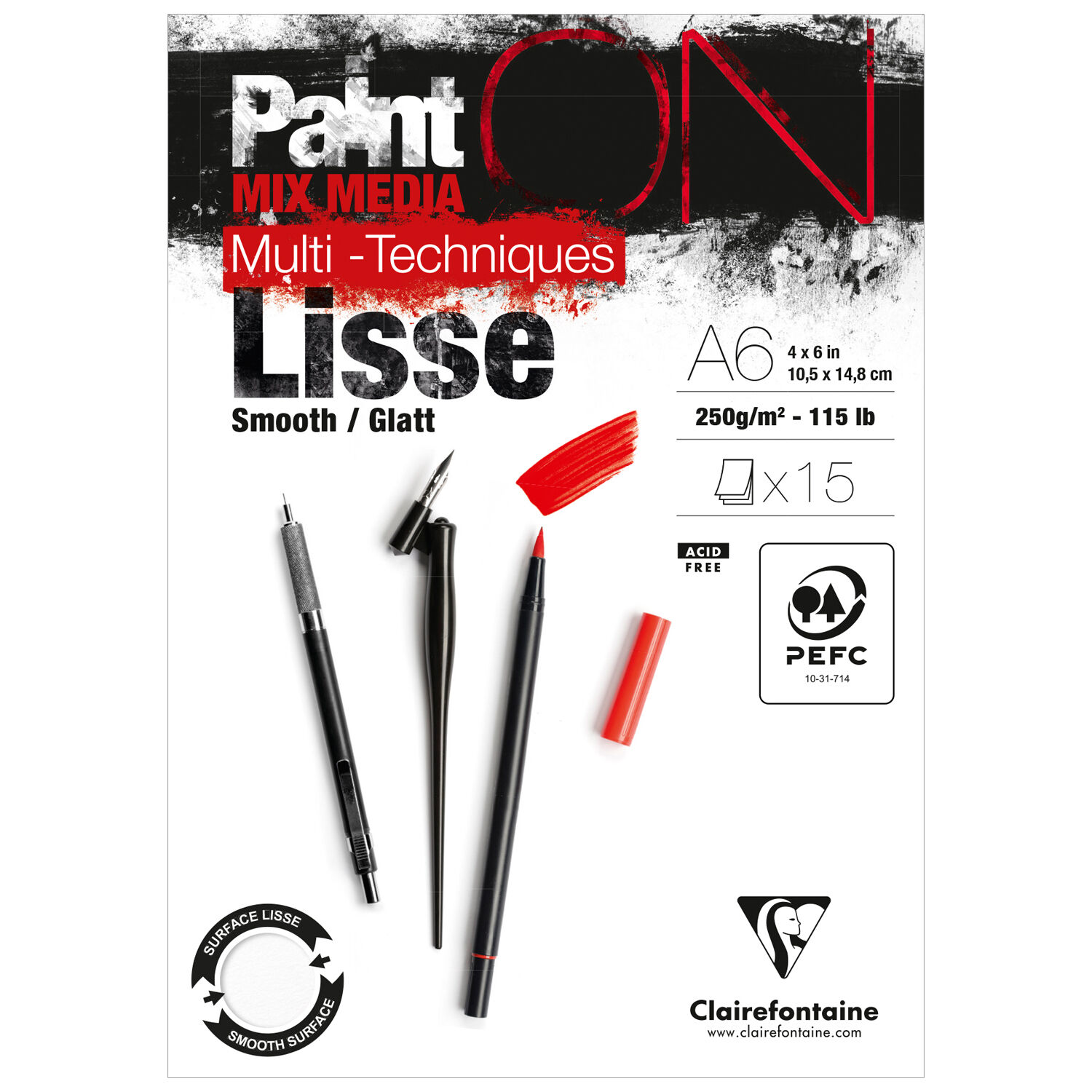 NEU Clairefontaine Block Paint'On, Glatt, DIN A6, 15 Blatt, 250g/qm