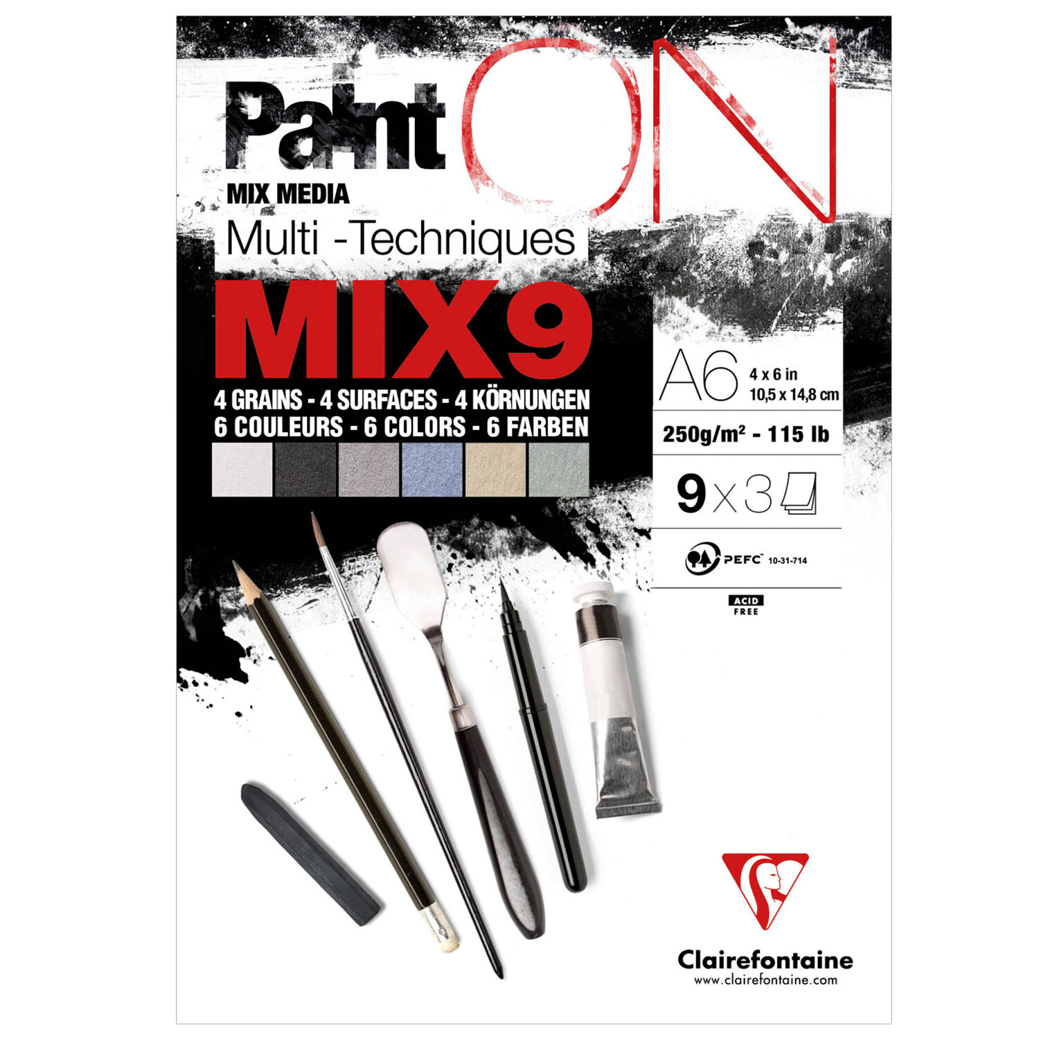 NEU Clairefontaine Block Paint'On, Mix9, DIN A6, 27 Blatt, 250g/qm