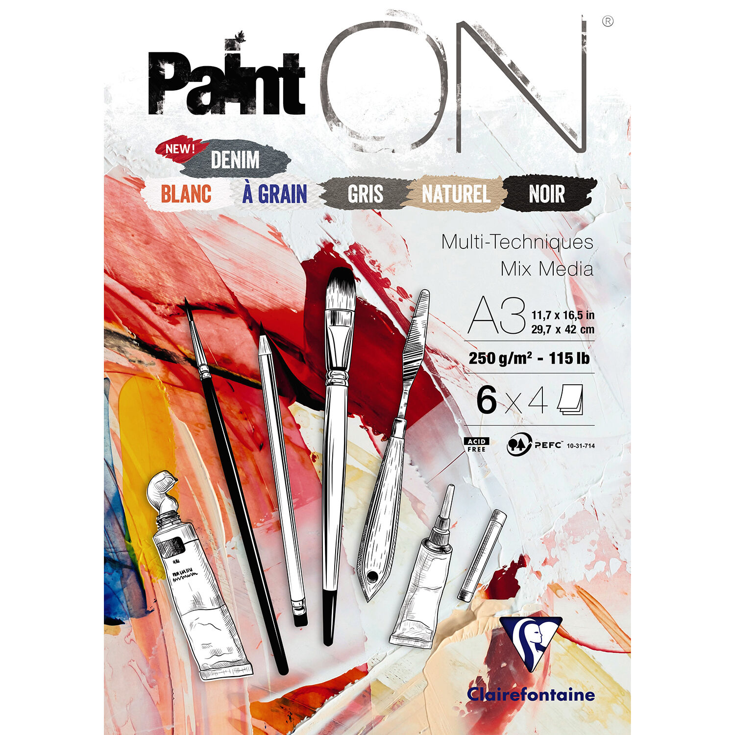 SALE Clairefontaine Zeichenblock PaintON A3, 250g/qm, 24 Blatt, 6 Farben sortiert