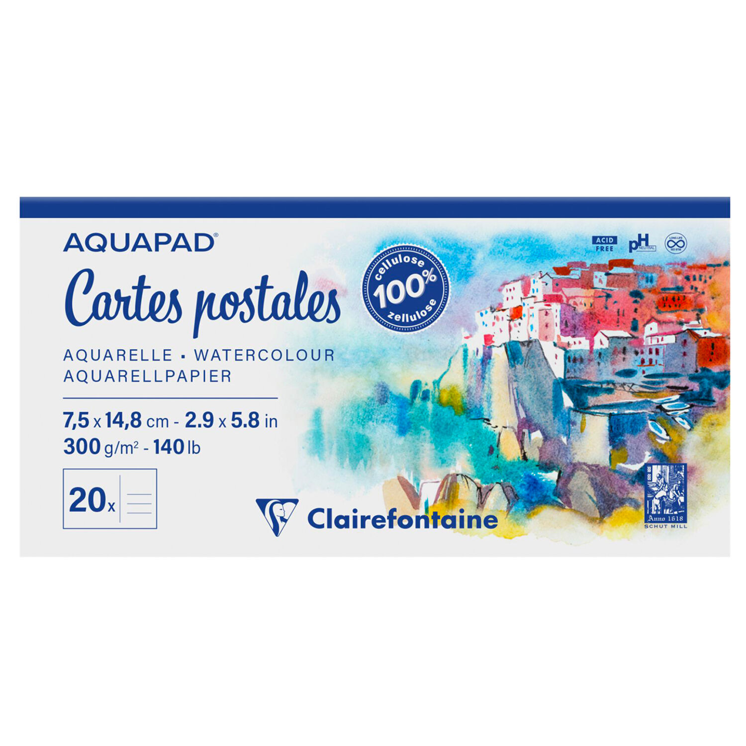 NEU Clairefontaine Block Aquapad Reise, Postkarten, 7,5 x 14,8 cm, 20 Blatt, 300g/qm