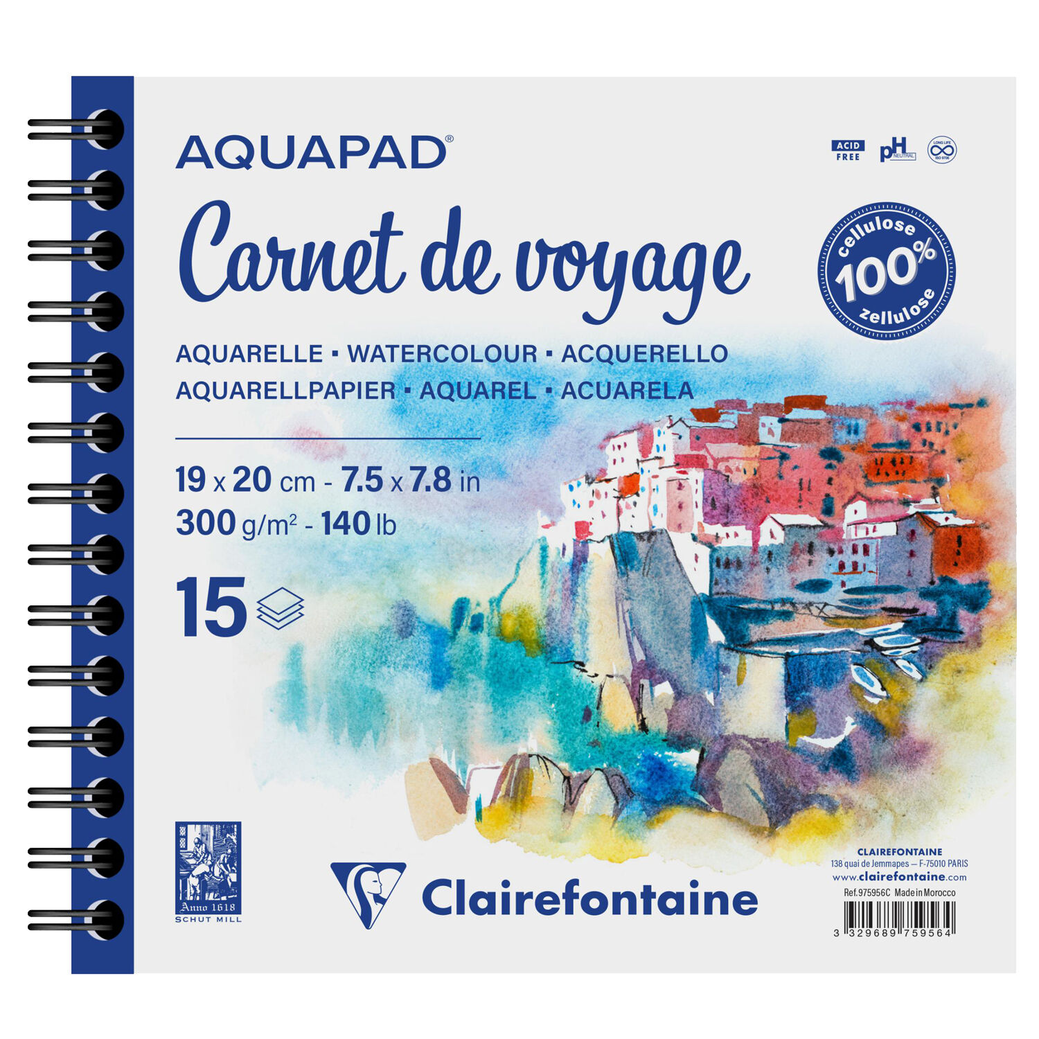 NEU Clairefontaine Spiralbuch Aquapad, 19x20cm, 15 Blatt, 300g/qm