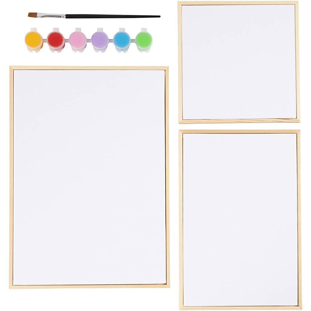Kreativ-Set mit 3 Malpappen mit Holzrahmen, Standardfarben und Pinsel Bild 3