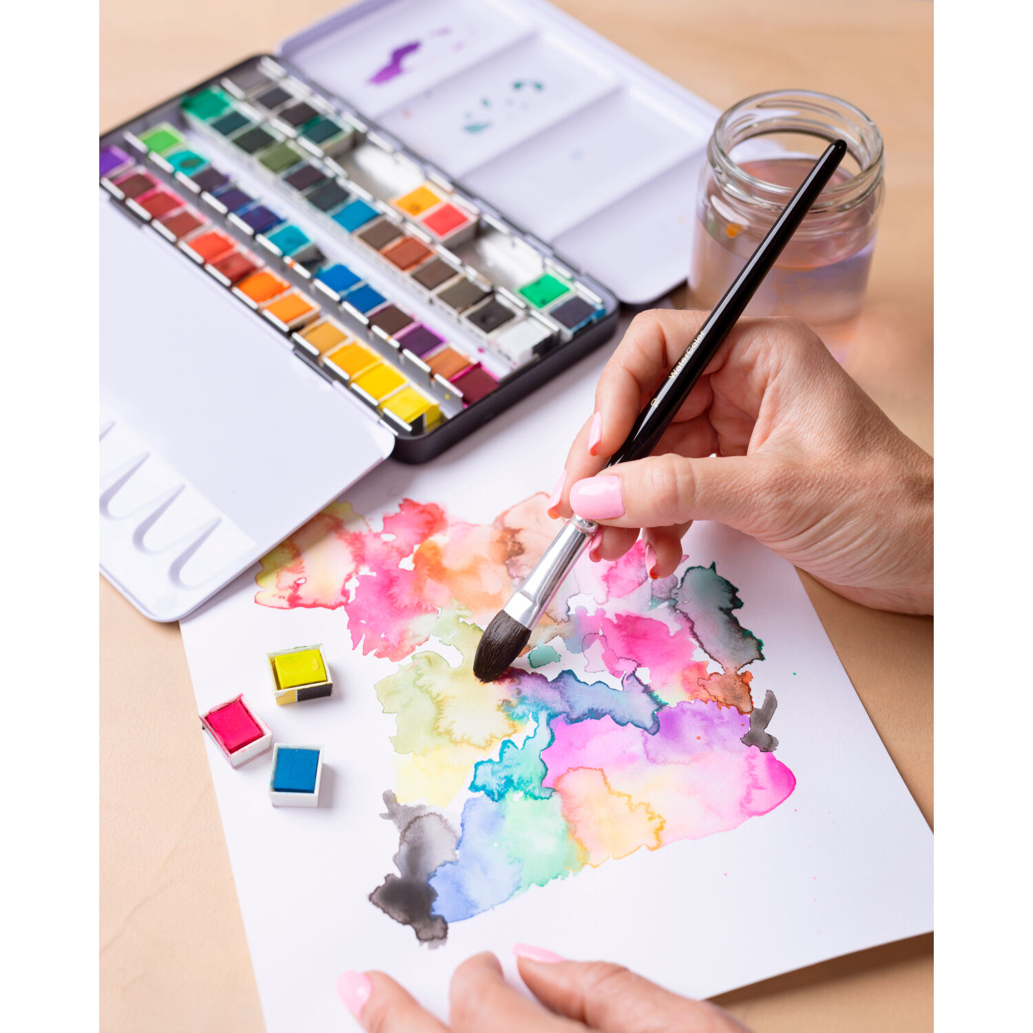 NEU Aquarellkasten Metall, Art Aqua Standard-Farben, gefllt mit 48x 1/2 Npfchen Bild 5