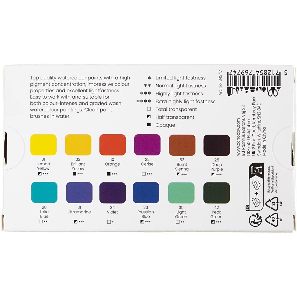 Set Art Aquarellfarben, Halbe N�pfchen, Blumen und Landschaften, Gr��e 10x15x20 mm, Sortierte Farben, 12 Farbt�ne Bild 2
