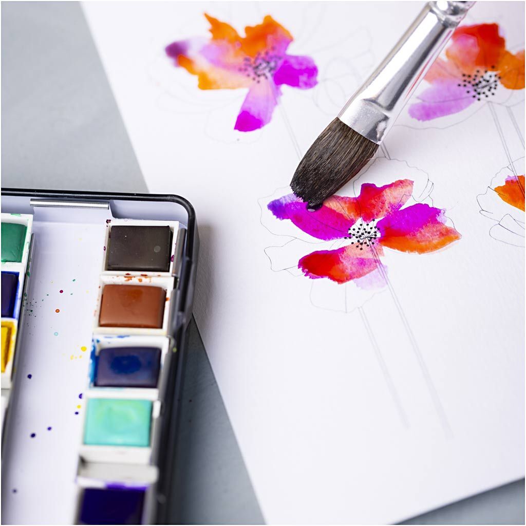 Set Art Aquarellfarben, Halbe N�pfchen, Blumen und Landschaften, Gr��e 10x15x20 mm, Sortierte Farben, 12 Farbt�ne Bild 5