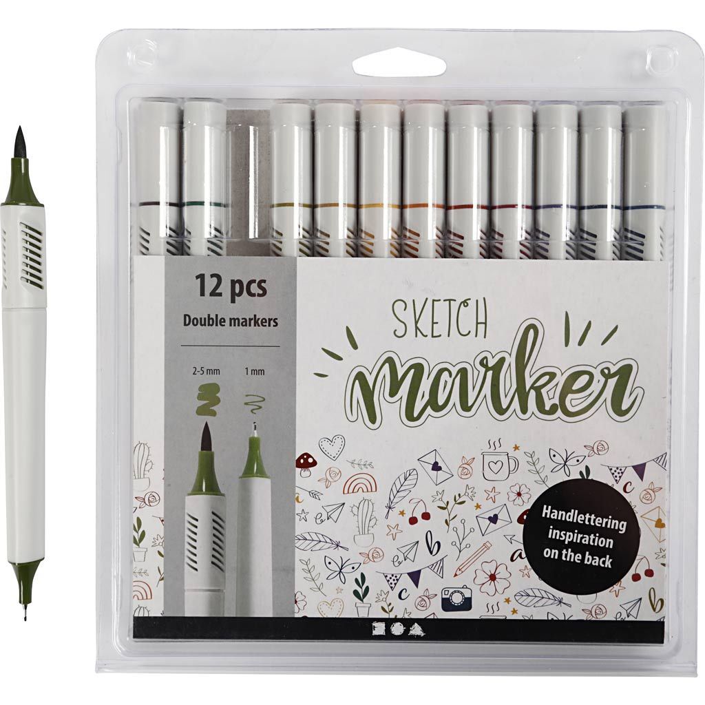 Sketch Marker, Strichst�rke 1+2-5 mm, sanfte, dezente Farben, 12 St�ck