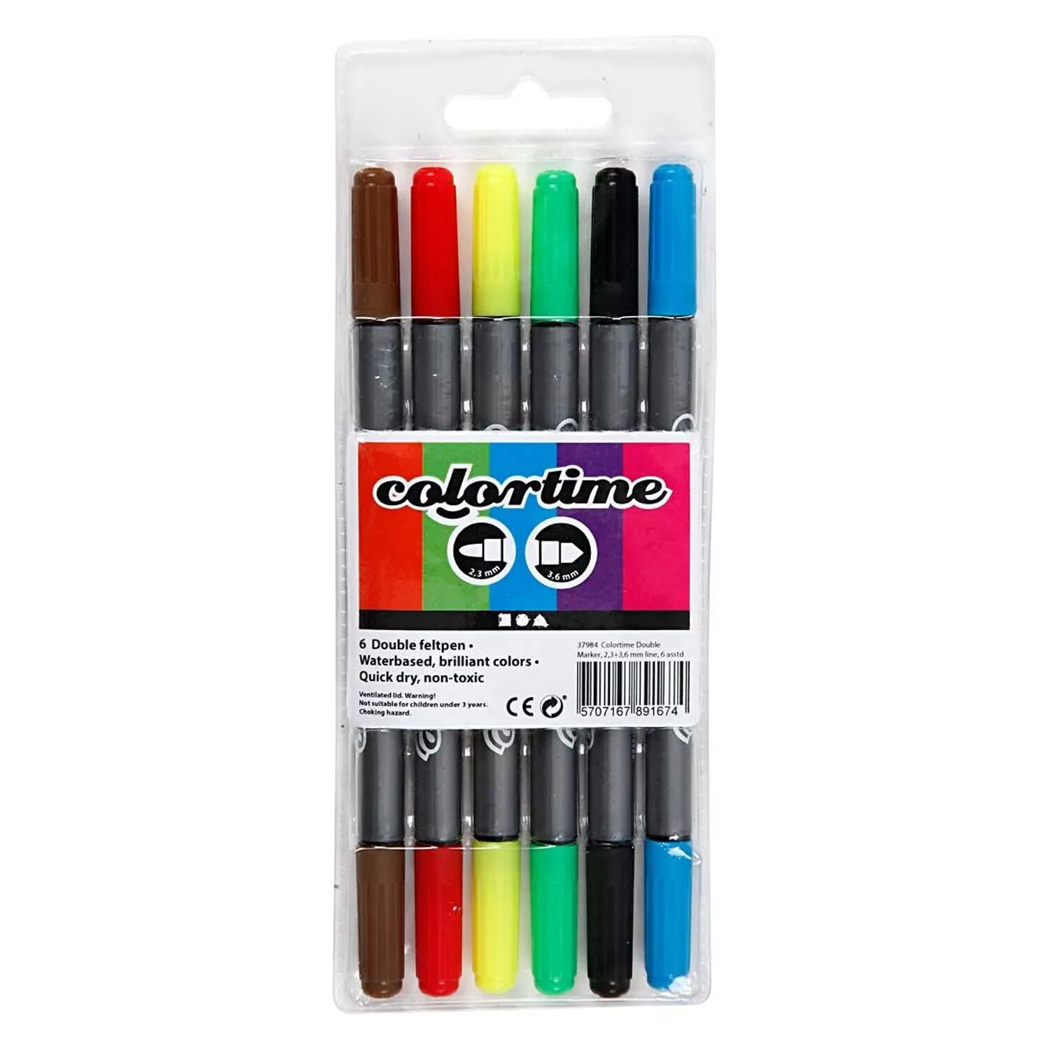 NEU Colortime Dual-Filzstifte, Standard-Farben, Strichstrke 2,3+3,6 mm, 6 Stk.