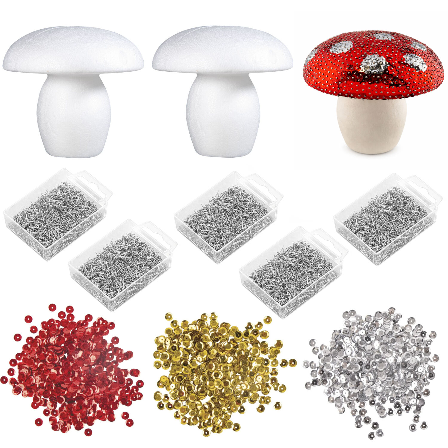 DIY Set Pailletten-Pilze, Kinder-Bastelset, Geschenkset, 3 Styroporpilze 12cm, 3 Pack Pailletten, Stecknadeln 10mm