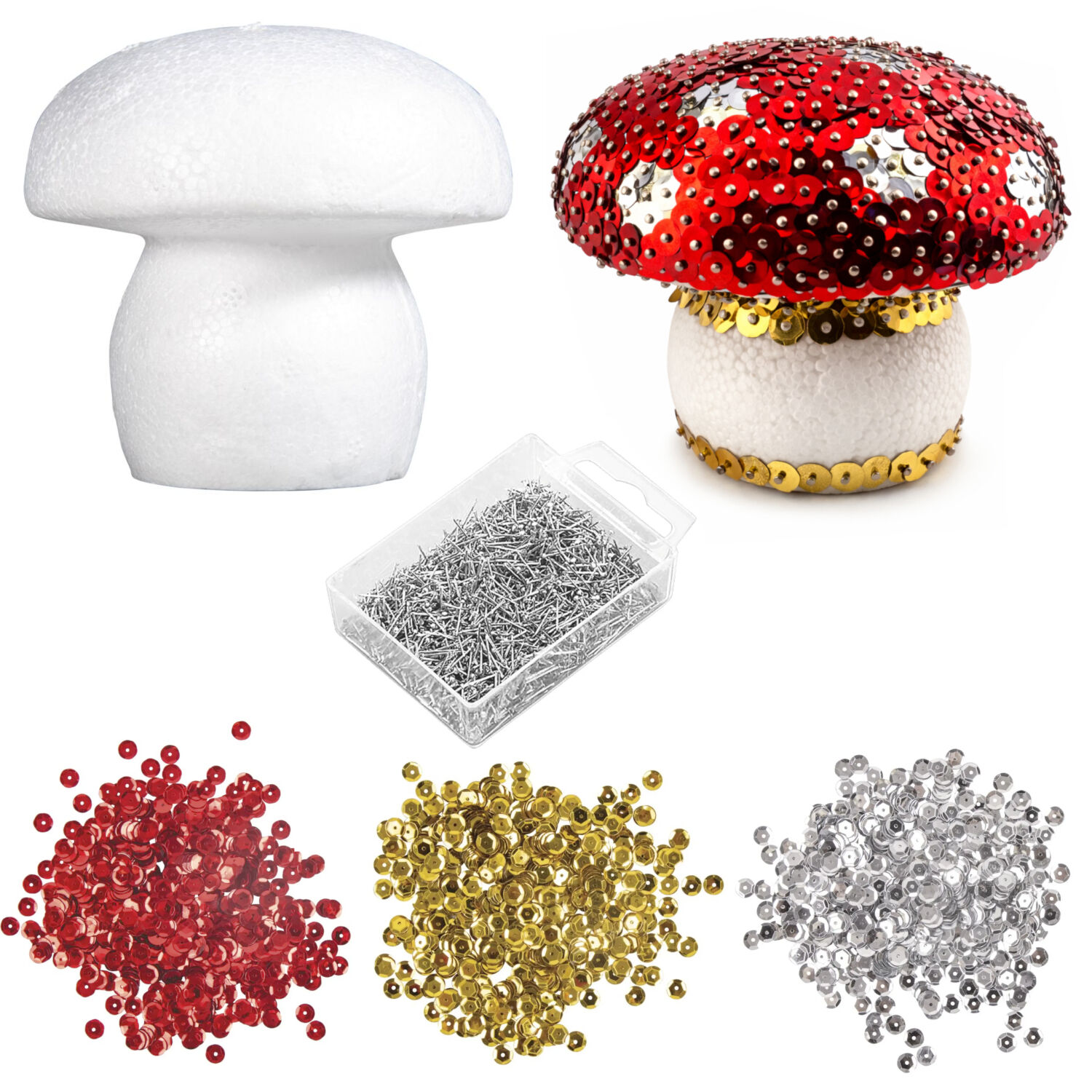 DIY Set Pailletten-Pilze, Kinder-Bastelset, Geschenkset, 10 Styroporpilze 7cm, 3 Pack Pailletten, Stecknadeln 10mm