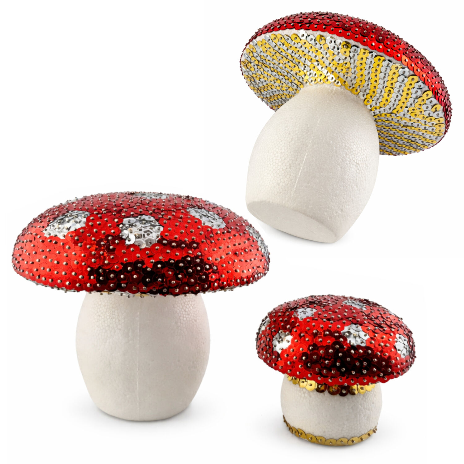 DIY Set Pailletten-Pilze, Kinder-Bastelset, Geschenkset, 10 Styroporpilze 7cm, 3 Pack Pailletten, Stecknadeln 10mm Bild 5
