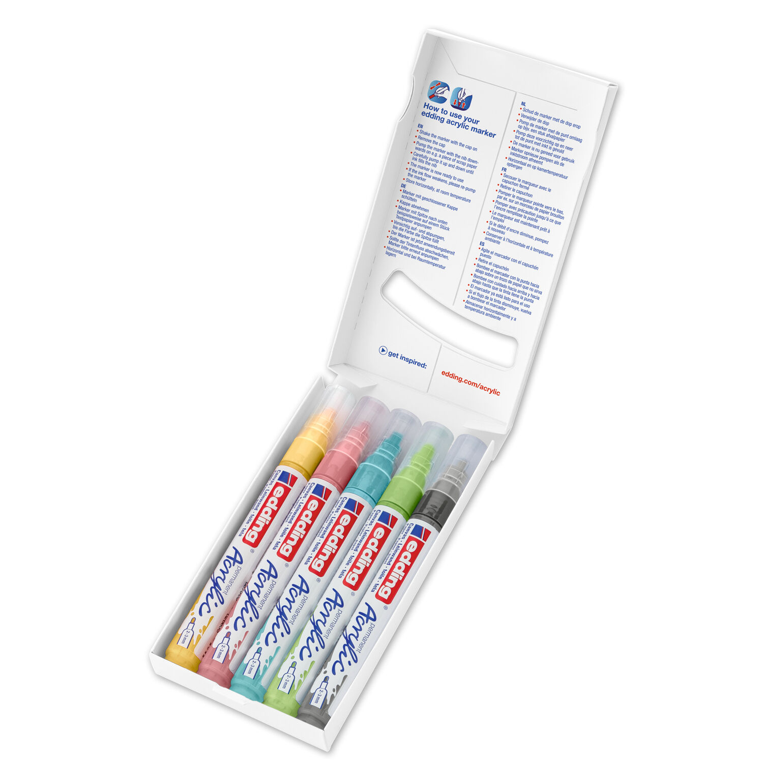 NEU Edding 5100 Acrylmarker-Acrylstifte-Set mit den Farben grau, gelb, blau, grn, rosa, Rundspitze 2-3 mm, 5er-Set-Pastell Bild 2