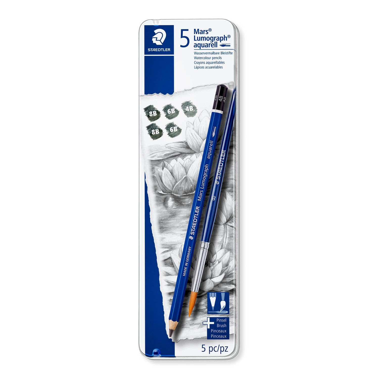Staedtler Zeichenbleistift-Set, Mars Lumograph Aquarell 100A, 5 Hrtegrade + Pinsel