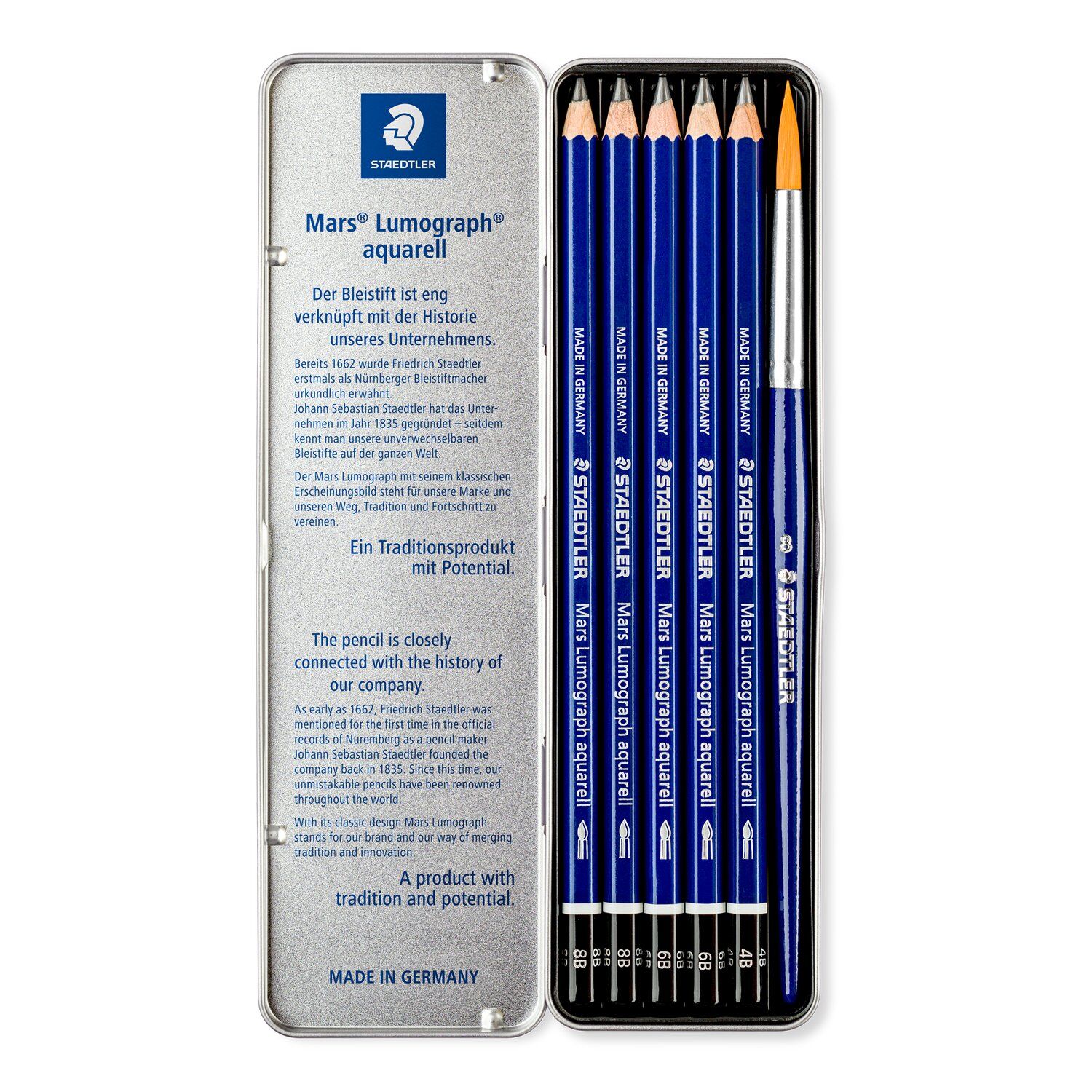 Staedtler Zeichenbleistift-Set, Mars Lumograph Aquarell 100A, 5 Hrtegrade + Pinsel Bild 2