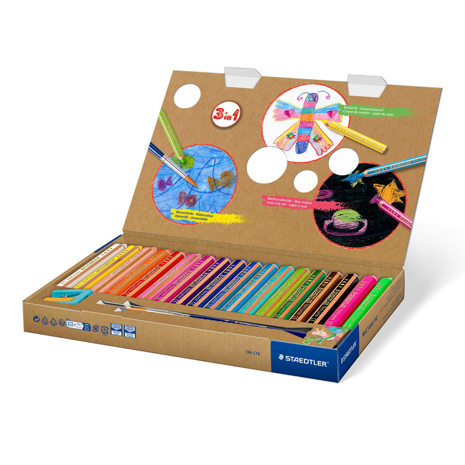 Staedtler Kindermalstift 3in1, Kartonetui, 18 Stifte + Spitzer Bild 2