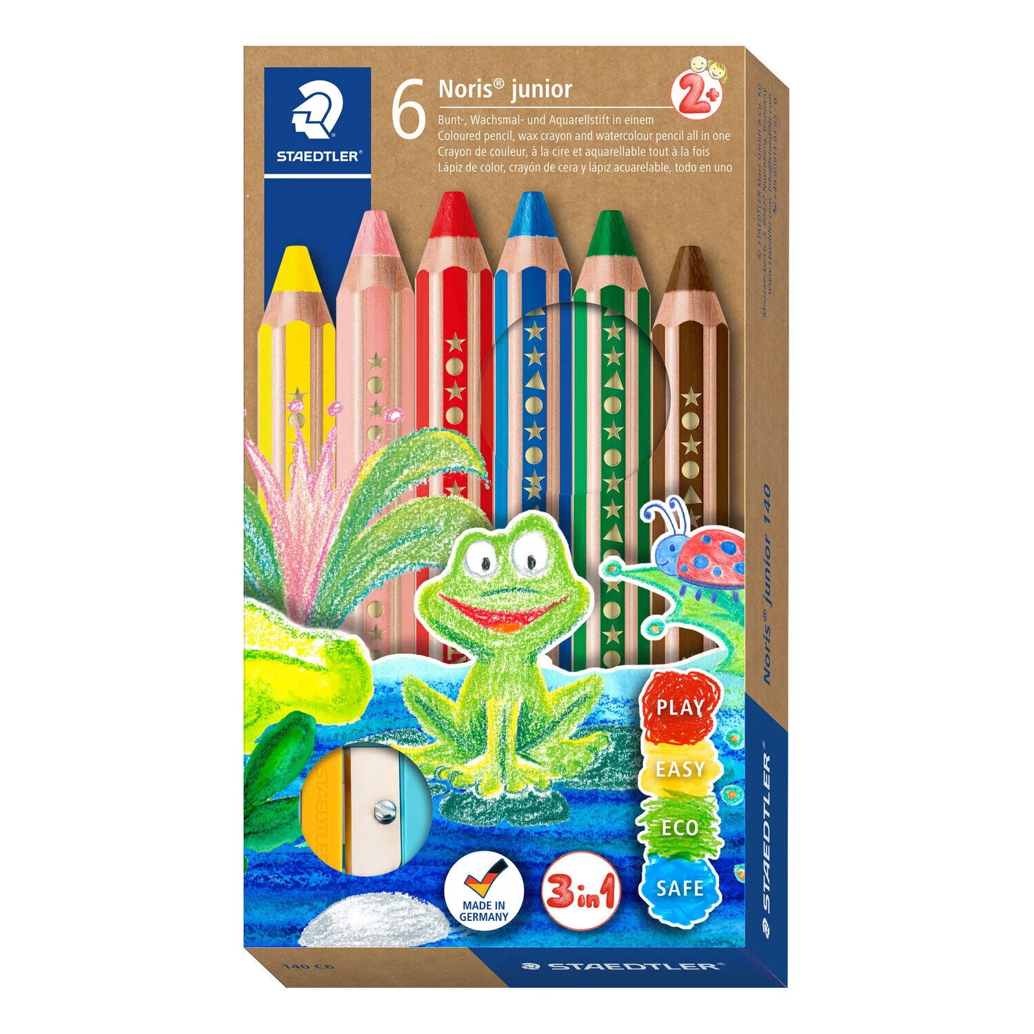 NEU Kartonetui mit 6 Malstiften Staedtler Noris Junior in sortierten Farben inkl. Spitzer, Mine: 10mm