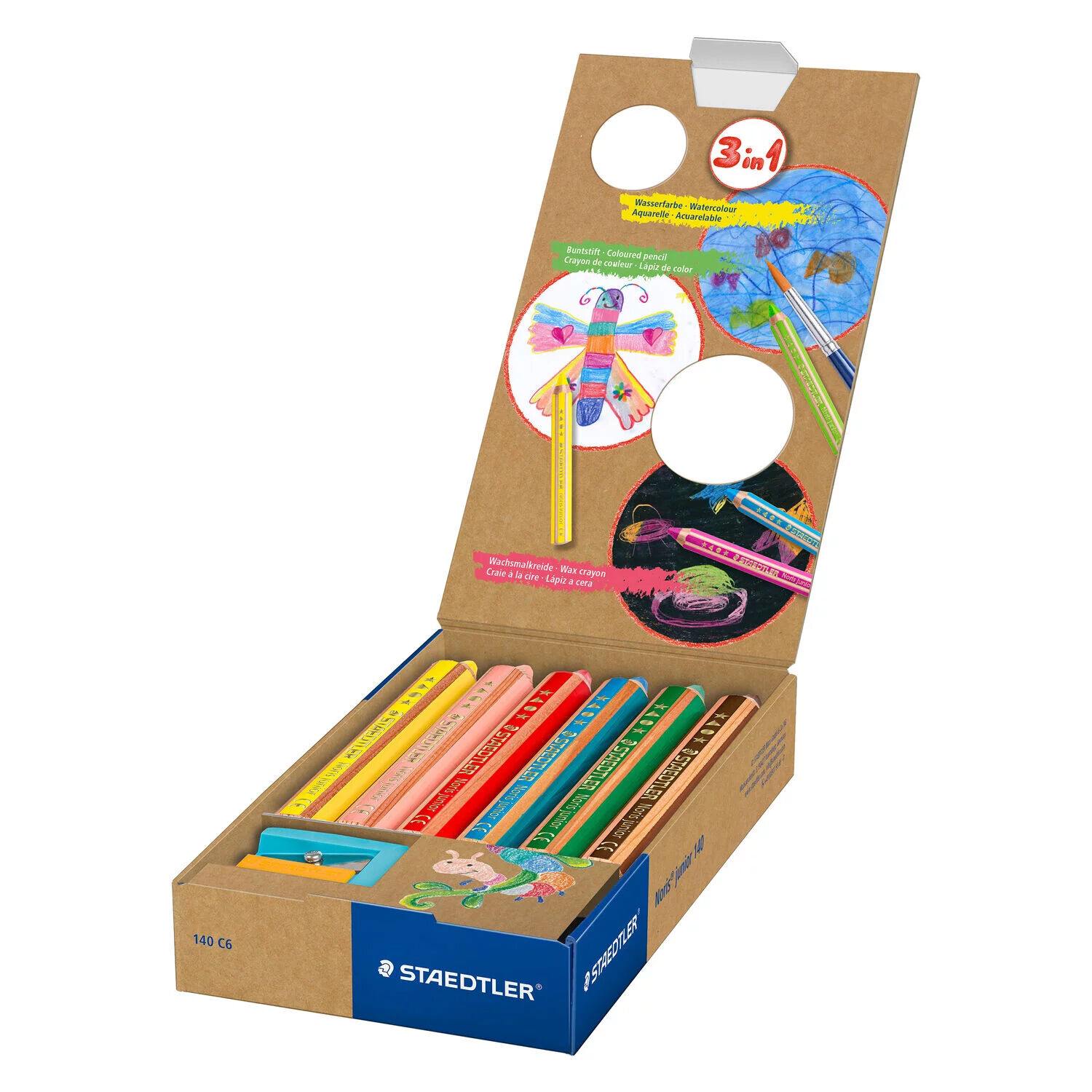 NEU Kartonetui mit 6 Malstiften Staedtler Noris Junior in sortierten Farben inkl. Spitzer, Mine: 10mm Bild 2