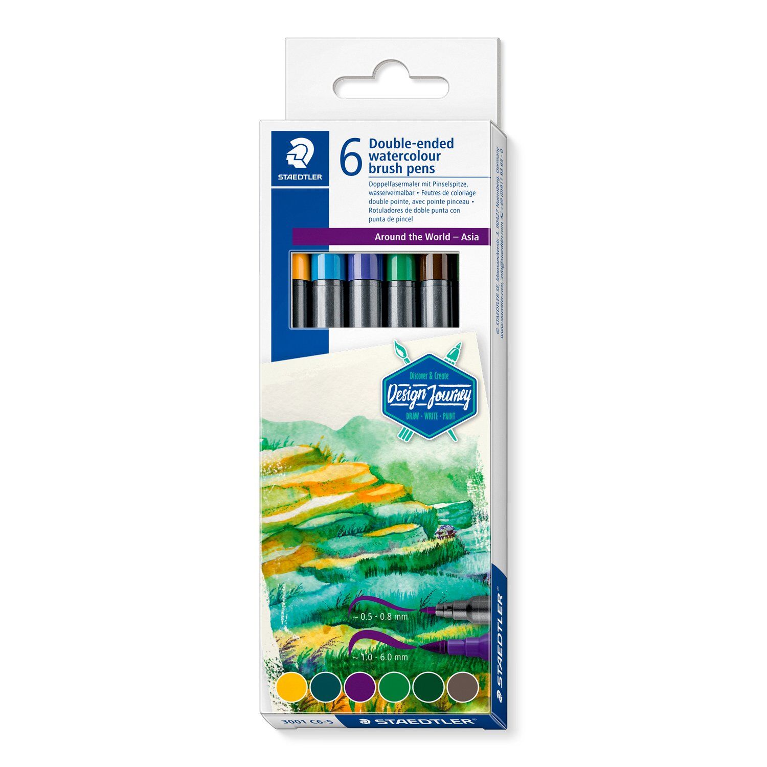 Staedtler wasservermalbare Doppelfasermaler 3001, Set Asien, 6 Farben sortiert