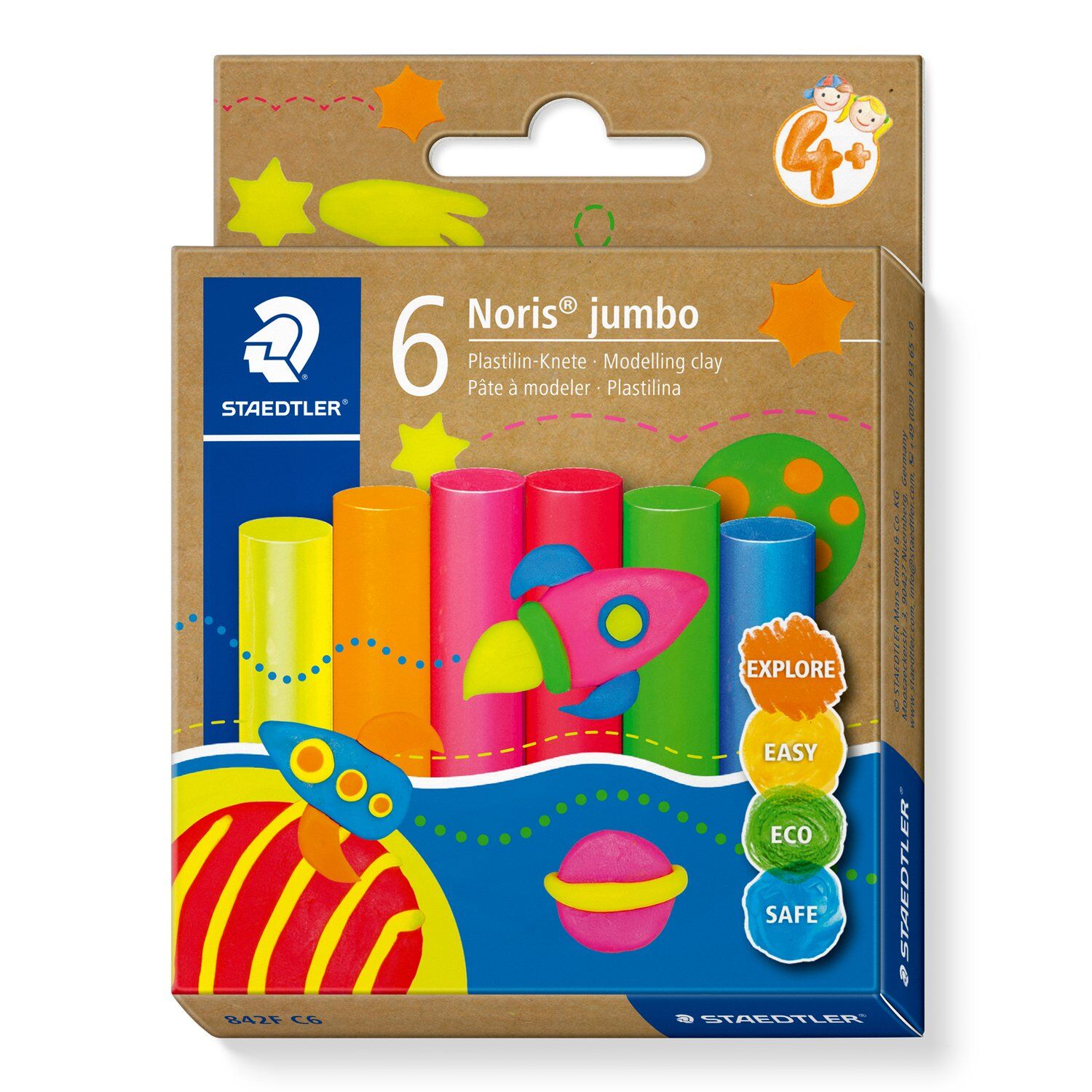 Staedtler Plastilin-Knete Noris Jumbo, 6 Neon Farben