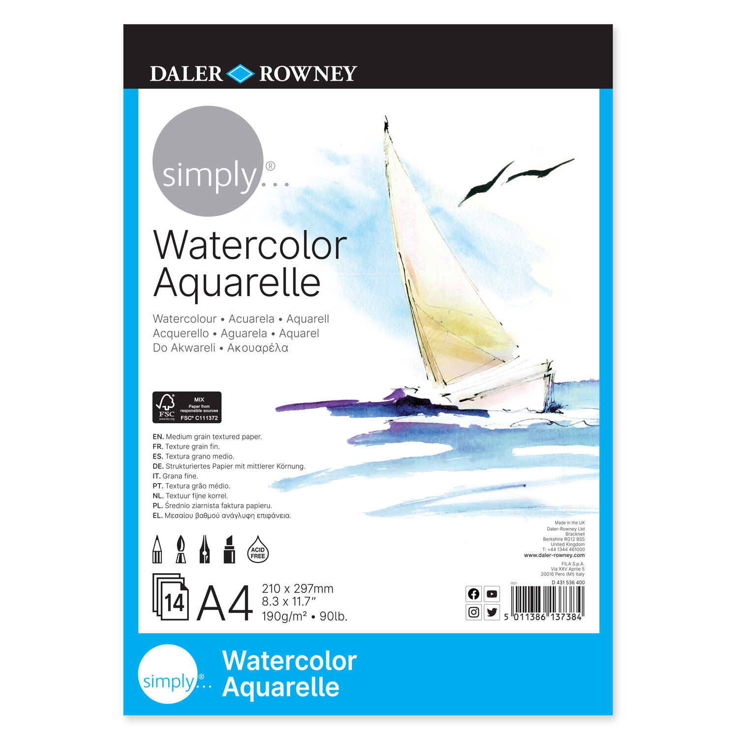 NEU Simply Aquarellpapierblock, einseitig geleimt, 14 Blatt  190 g/m, DIN A4