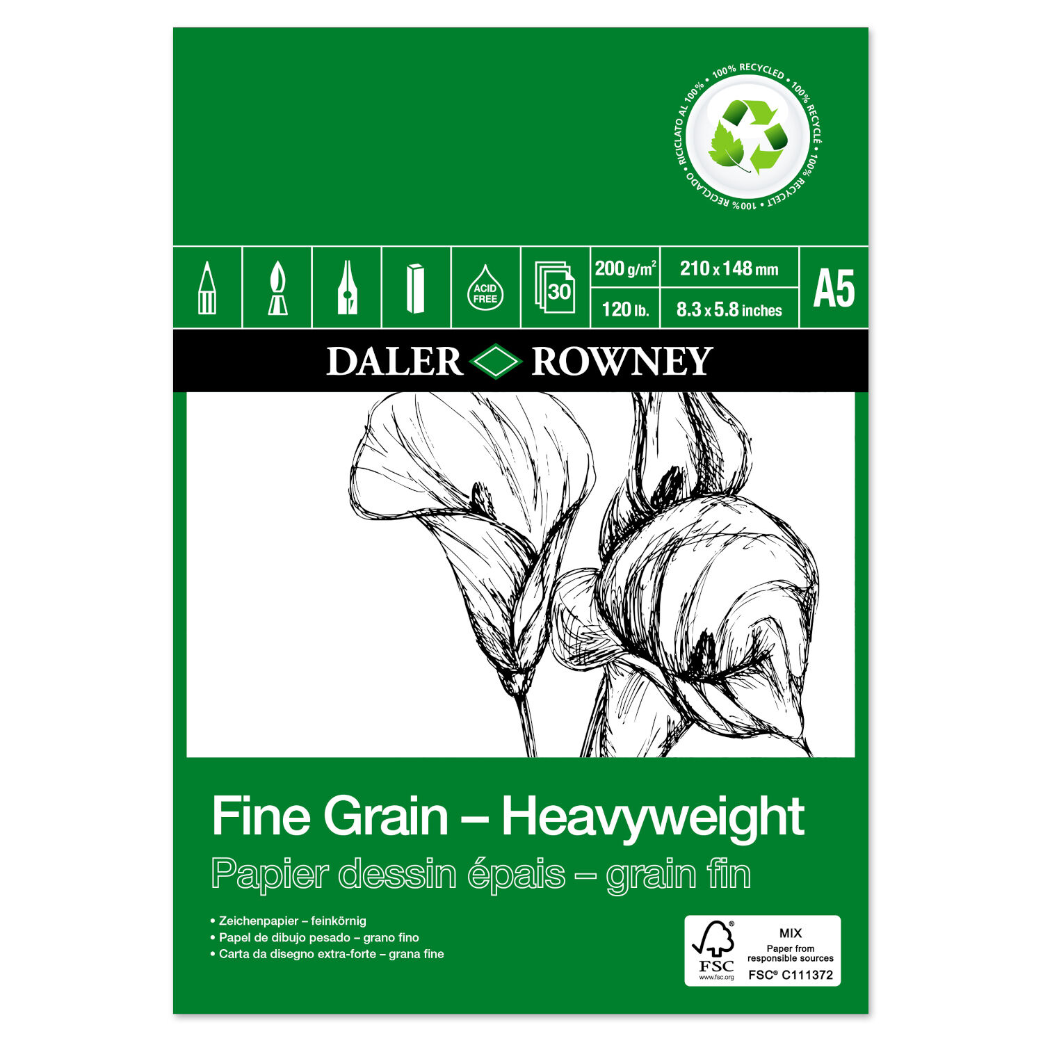 NEU Heavyweight Eco Zeichenblock, einseitig verleimt, Feinkorn, 30 Blatt  200 g/m, DIN A5