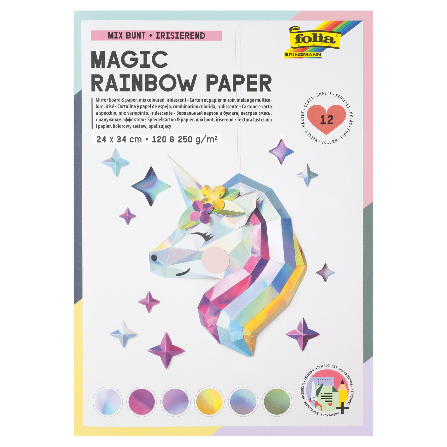 NEU Magic Rainbow Papier-Block, 24x34cm, 12 Blatt, 6 irisierende Farben sortiert je in 120 & 250 g/m