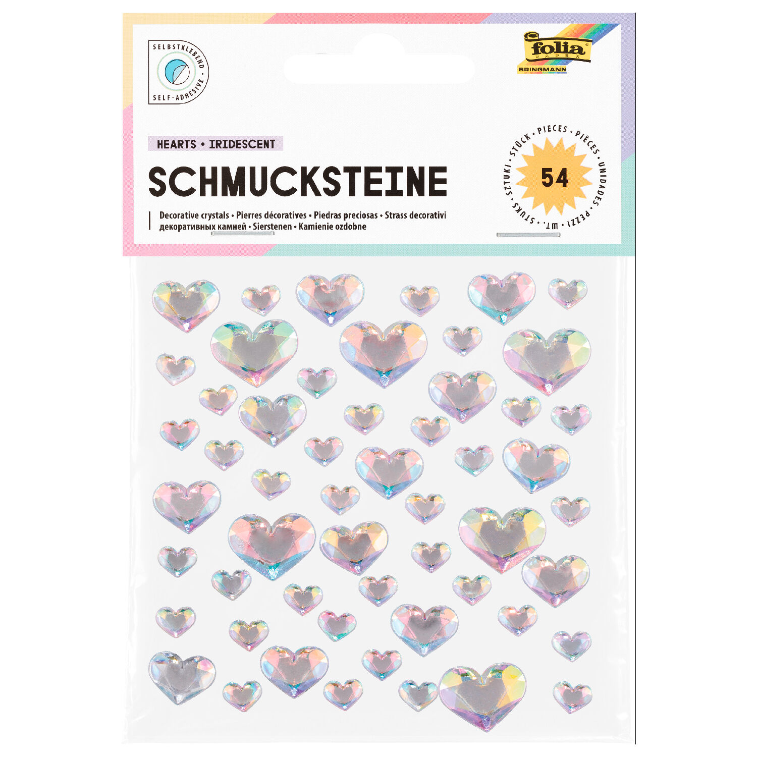 Sticker / Schmucksteine selbstklebend, Herzen Irisierend, 54 Stück sortiert