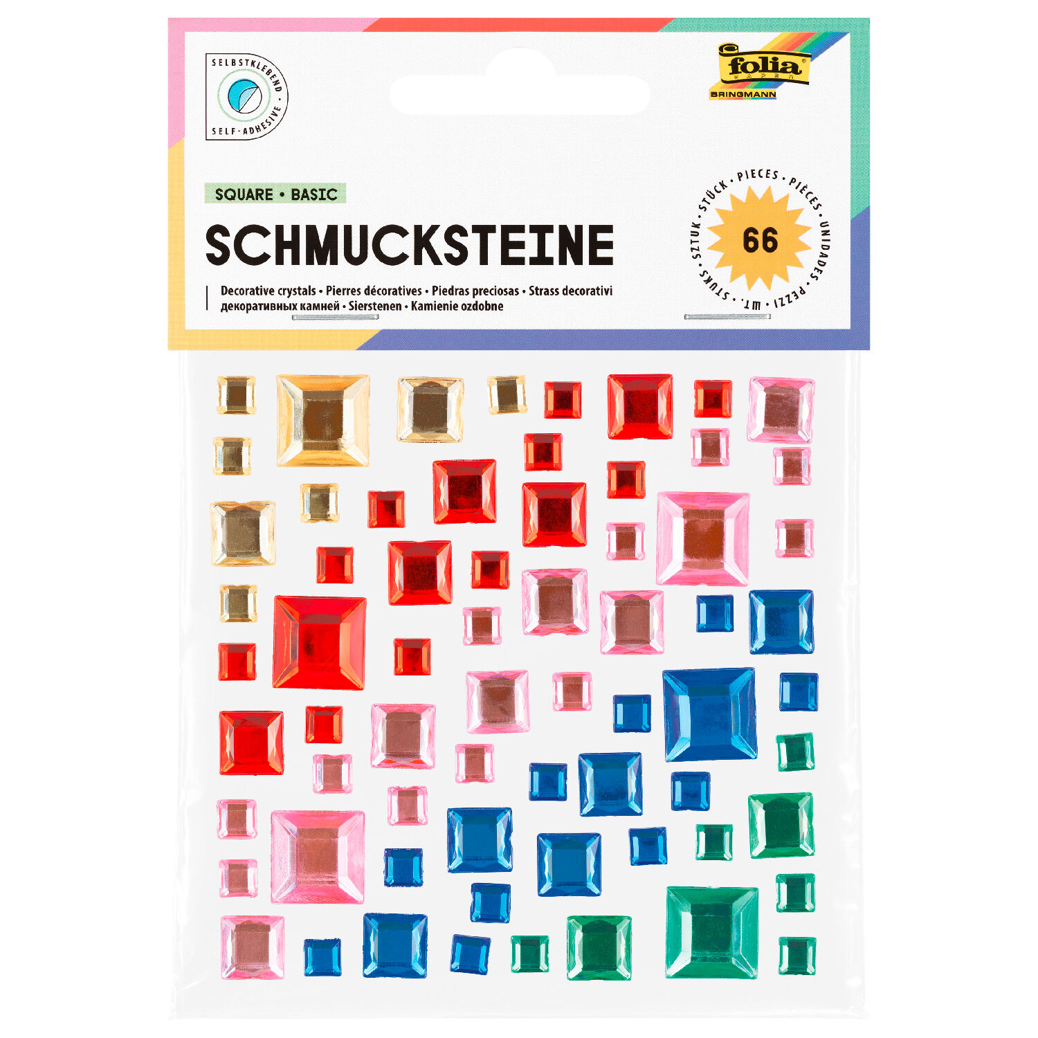 Sticker / Schmucksteine Eckig Basic, selbstklebend, 67 Stck sortiert