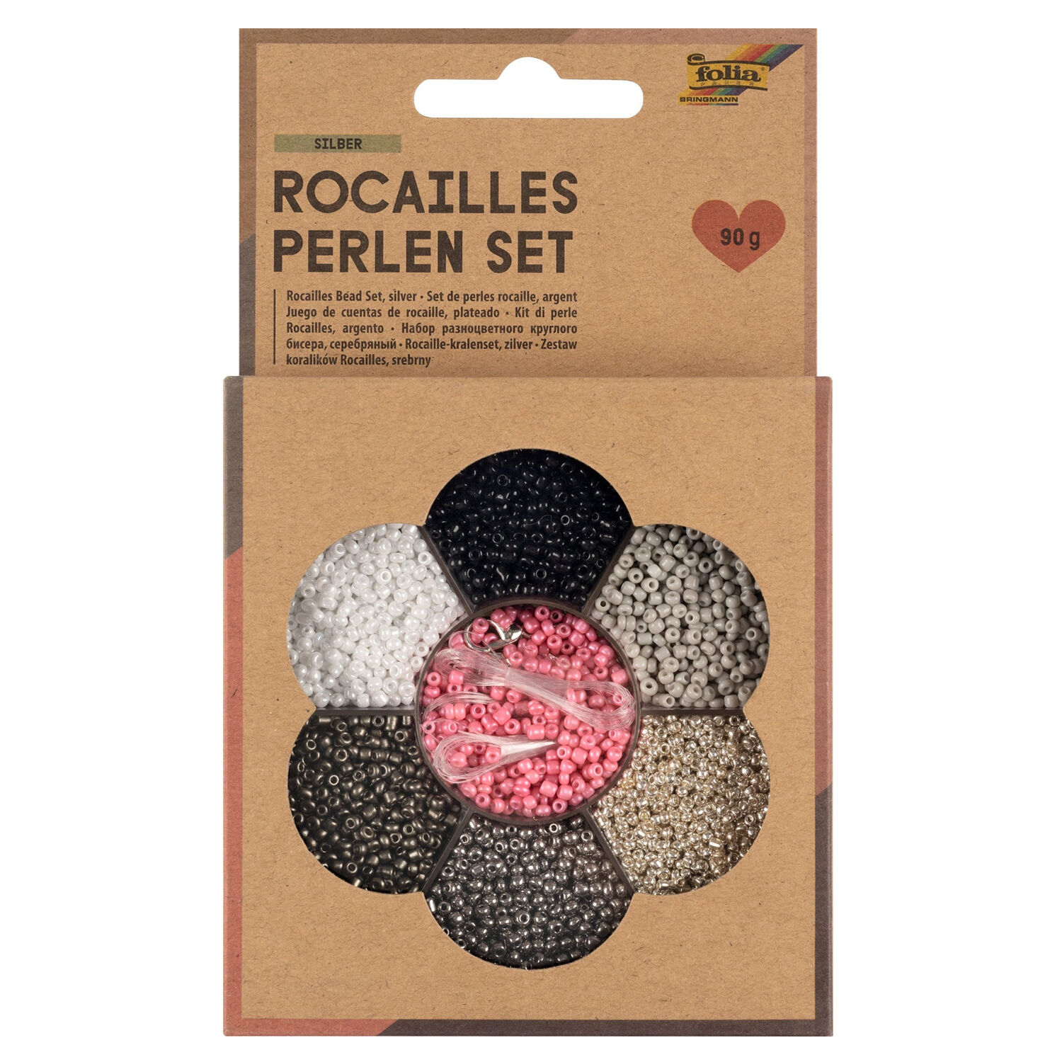 NEU Rocailles-Perlen-Set Silber, inkl. 90g Perlen, 3x1m Nylonfaden, 3 Verschlsse