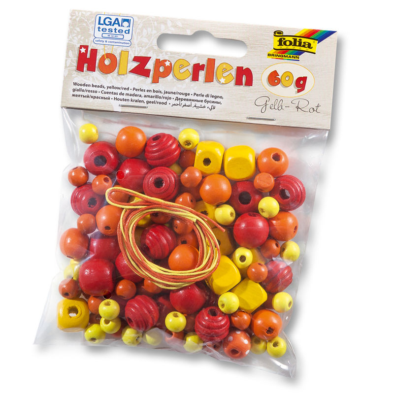 Holzperlen Mix mit Bndern, gelb/rot, 60 g