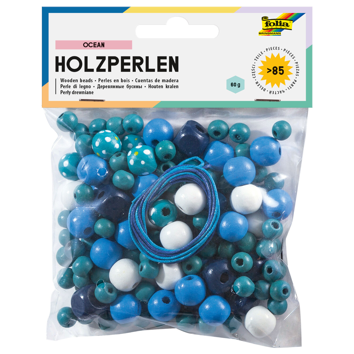 Holzperlen Mix mit B�ndern, blau/t�rkis, 60 g