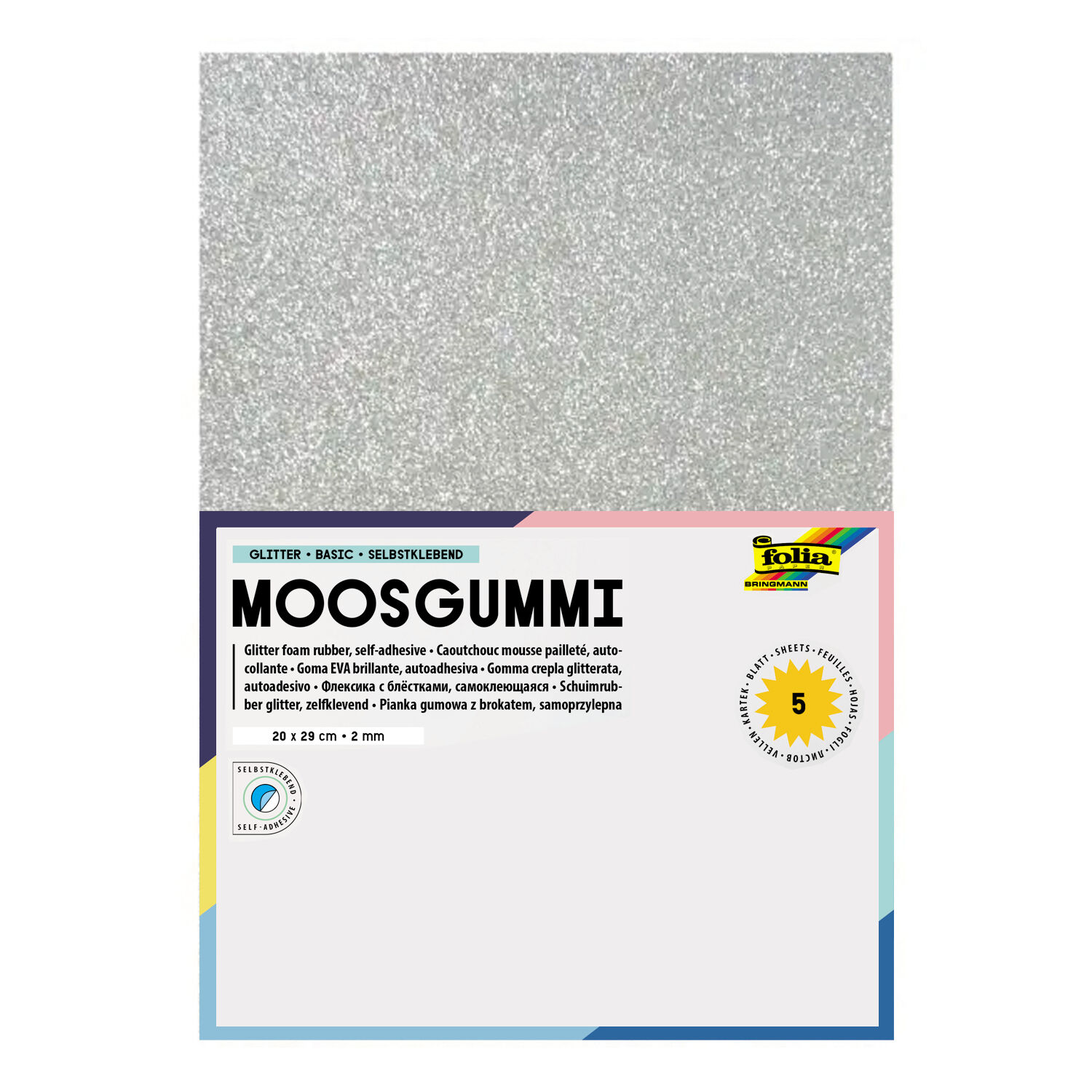 Glitter-Moosgummi / Schaumstoffplatten fr vielfltige Bastelarbeiten, Silber, 20 x 29 cm, 5 Bogen