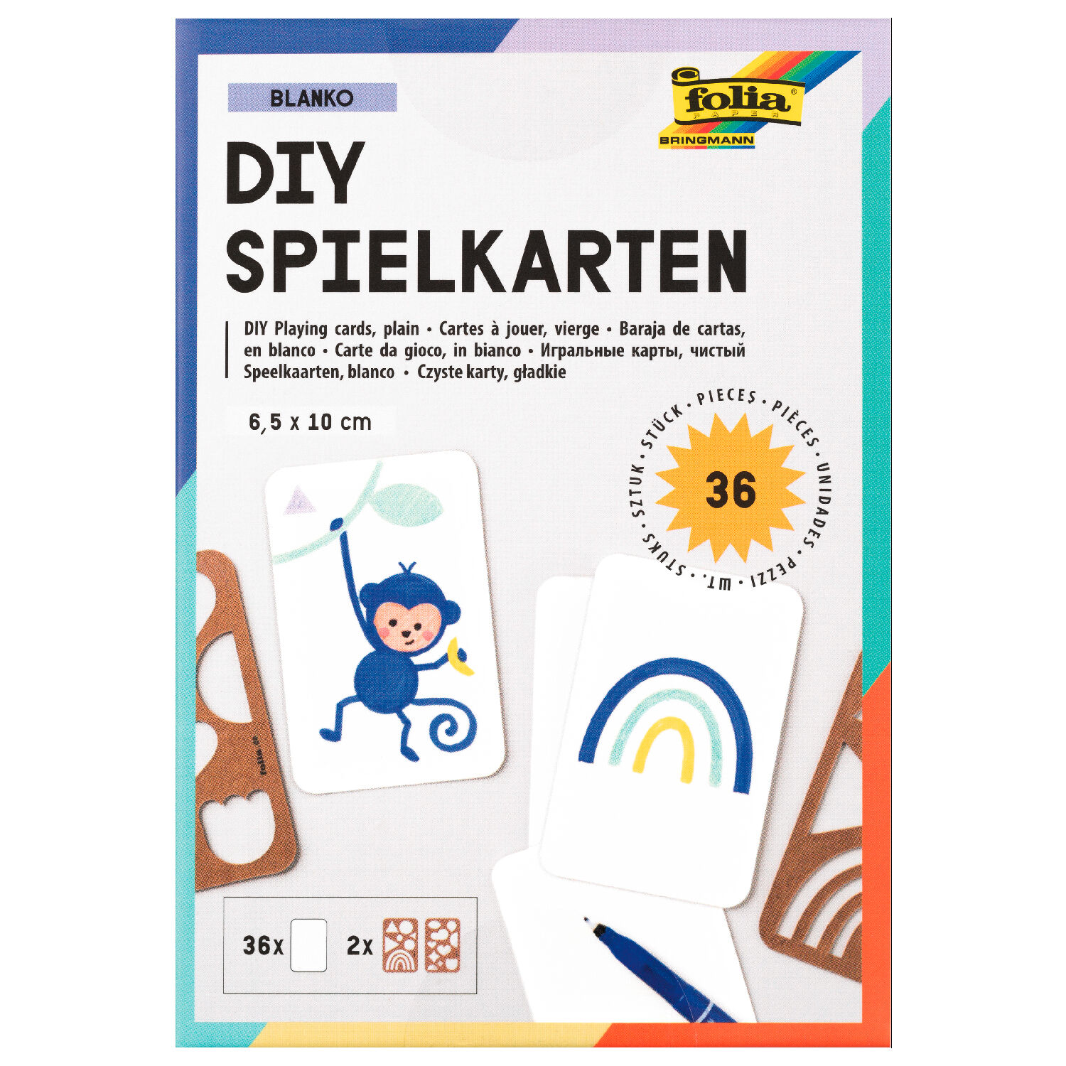 Blanko-Spielkarten, 6,5x10cm, 36 Stck, mit zwei Schablonen