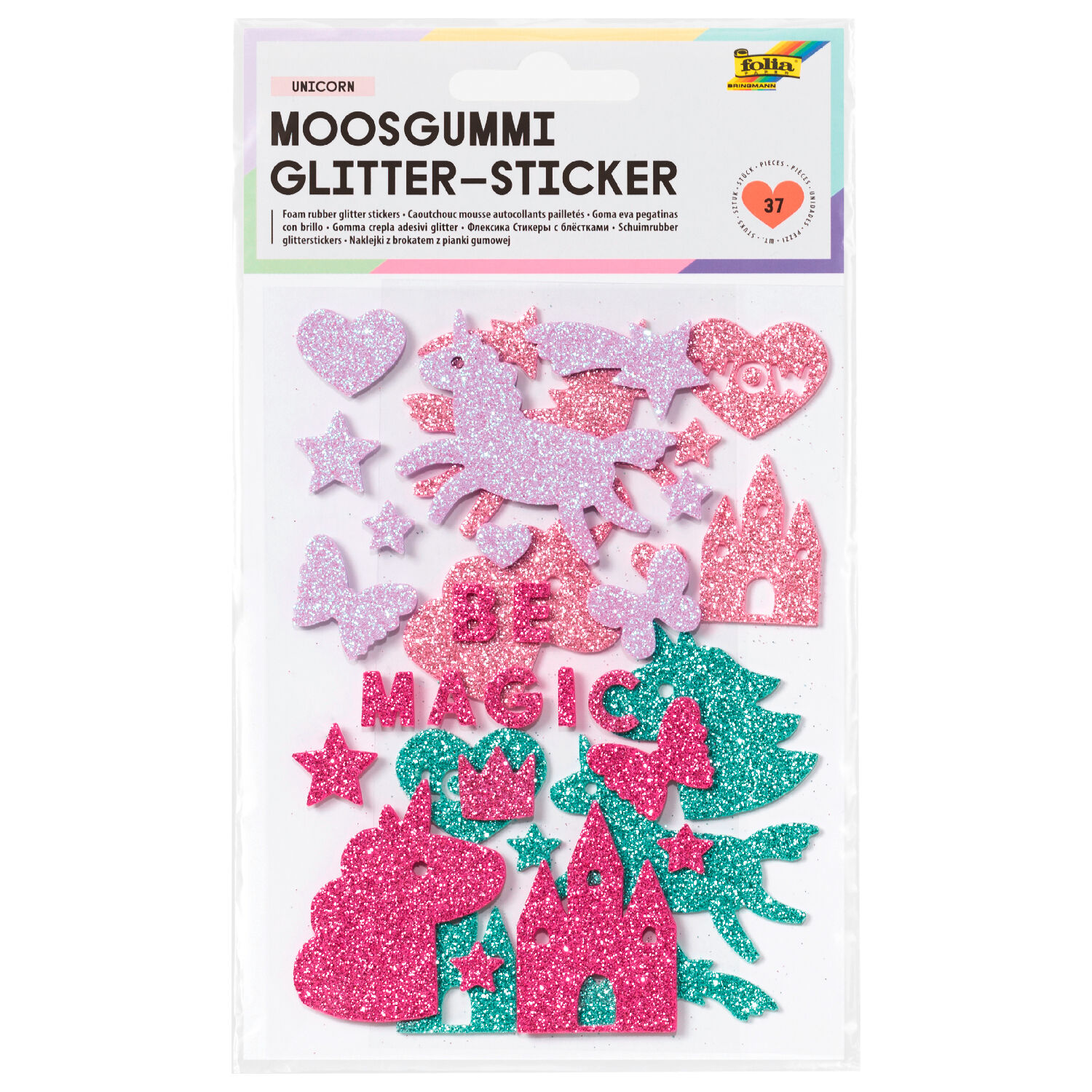 Moosgummi Glitter-Sticker Einhorn, 37 Stck sortiert