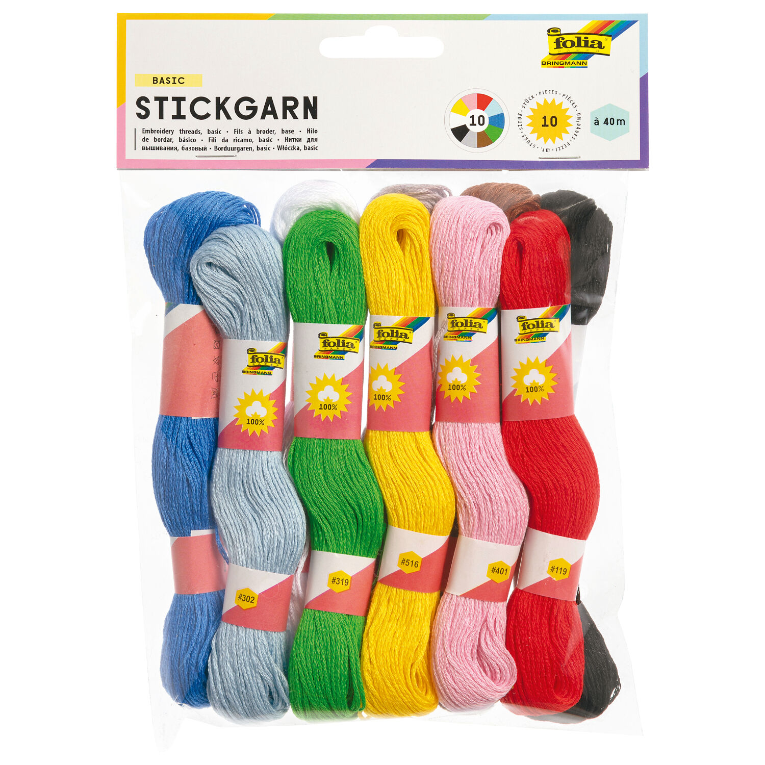 Stickgarn-Set, 10 Docken  40m, 10 Farben