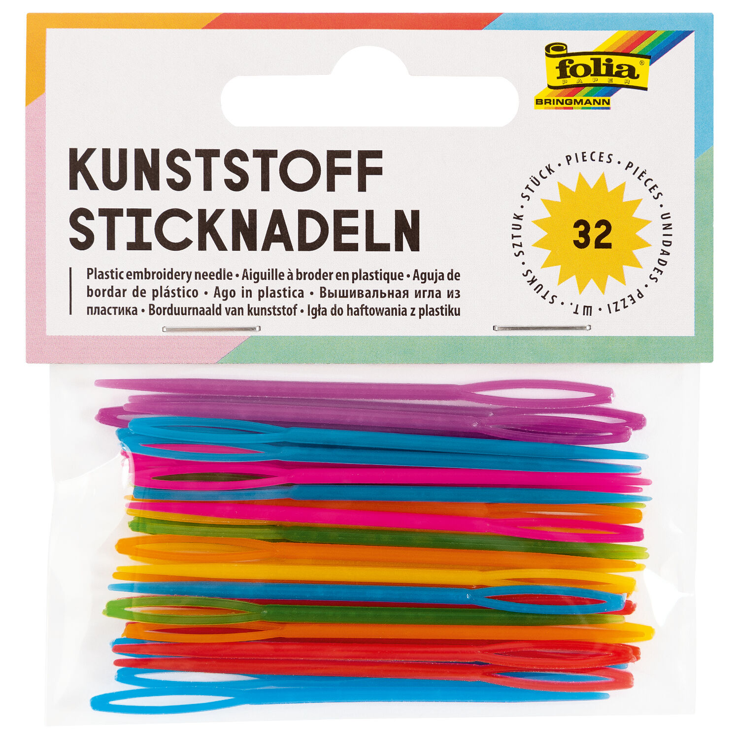 NEU Sticknadeln aus Kunststoff, 32 Stck, farbig sortiert, 6,5 cm x 1,8 mm