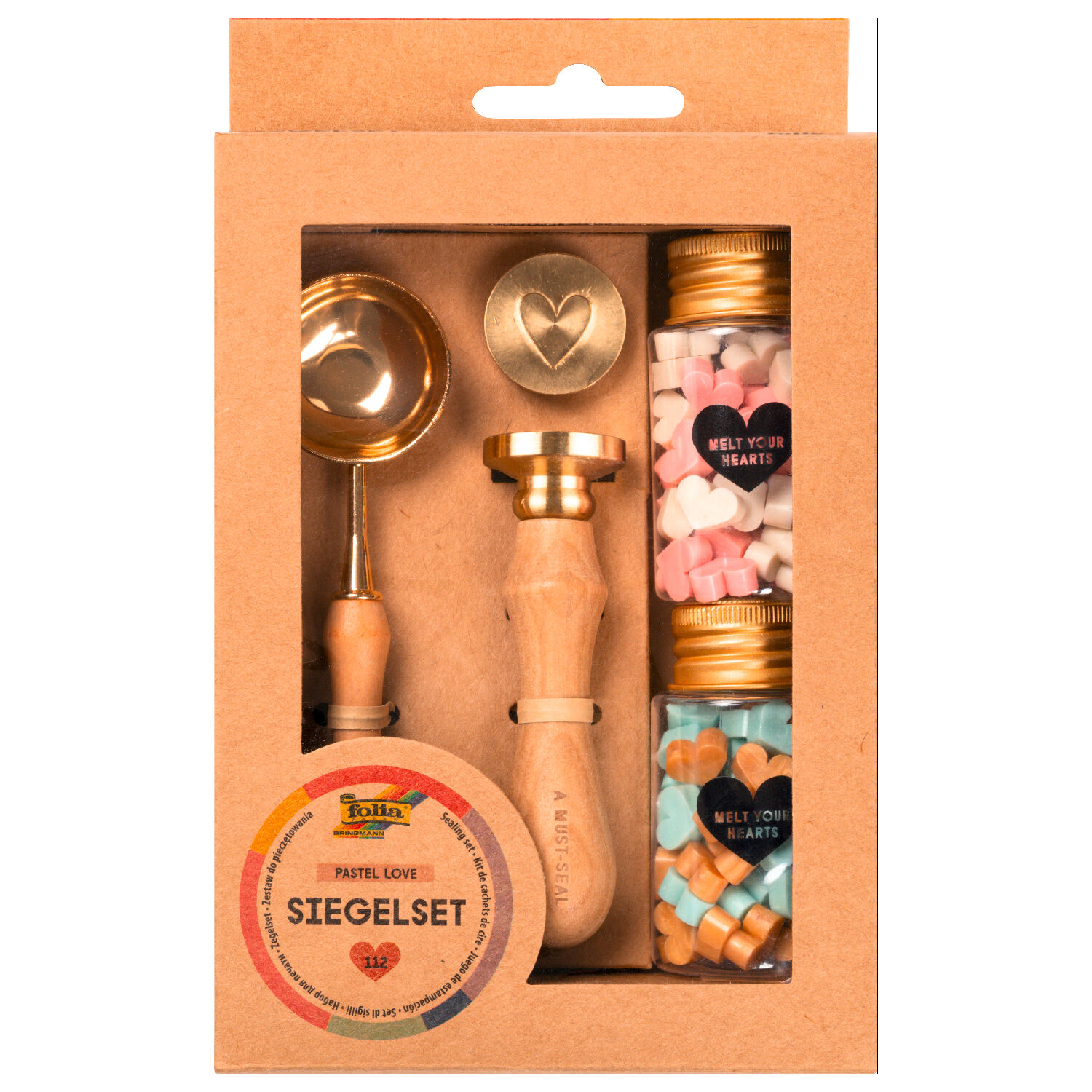 Siegel-Set Pastell Love, Holzgriff mit 2 Siegelmotiven, Schmelzlffel, 2x 54 Siegelwachs-Perlen farbig sortiert