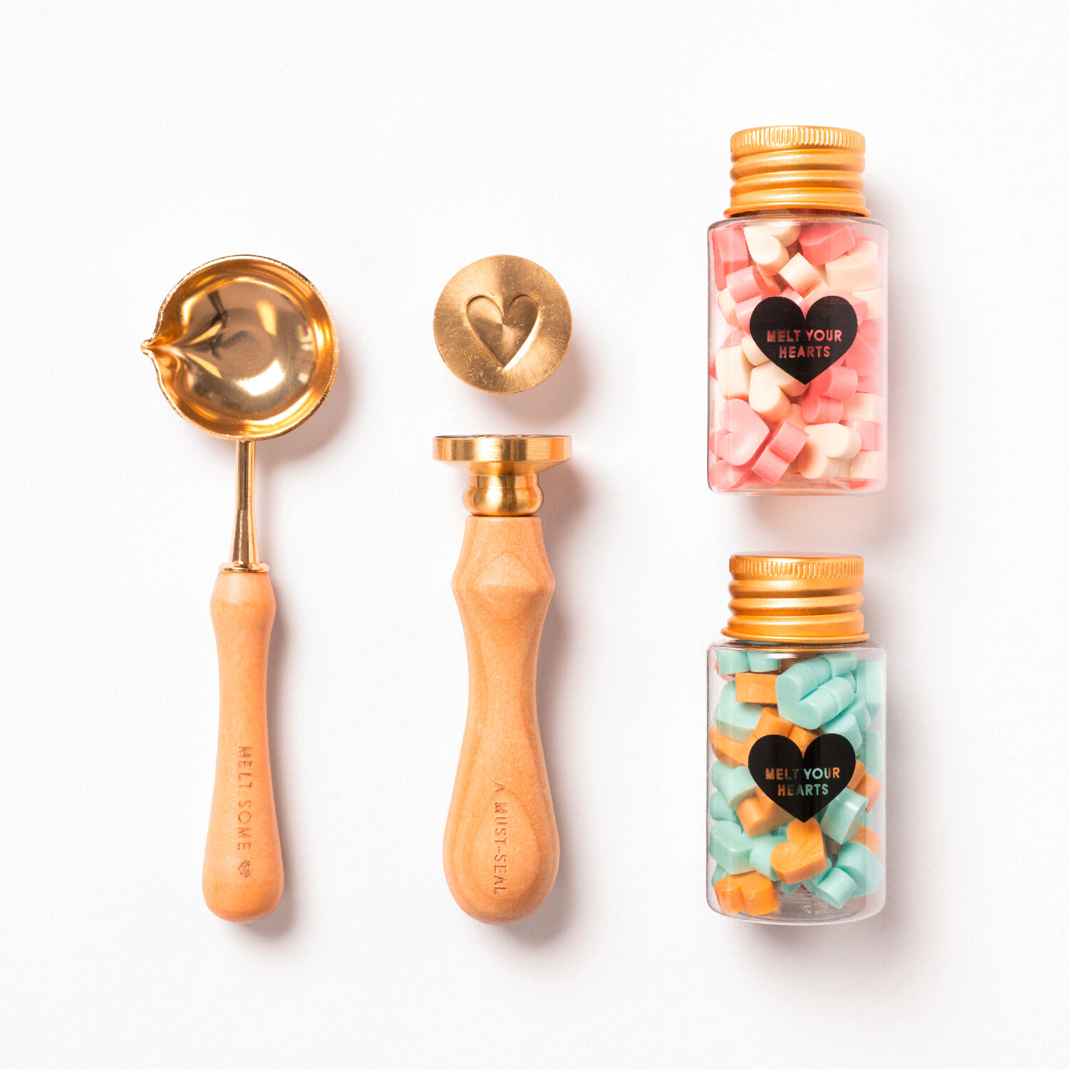 Siegel-Set Pastell Love, Holzgriff mit 2 Siegelmotiven, Schmelzlffel, 2x 54 Siegelwachs-Perlen farbig sortiert Bild 2