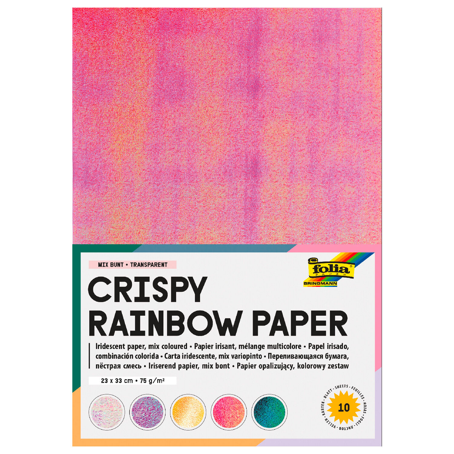 Crispy Regenbogen Papier, Irisierend, 75g/m, 23x33cm, 10 Blatt in sortierten Farben/Prgungen