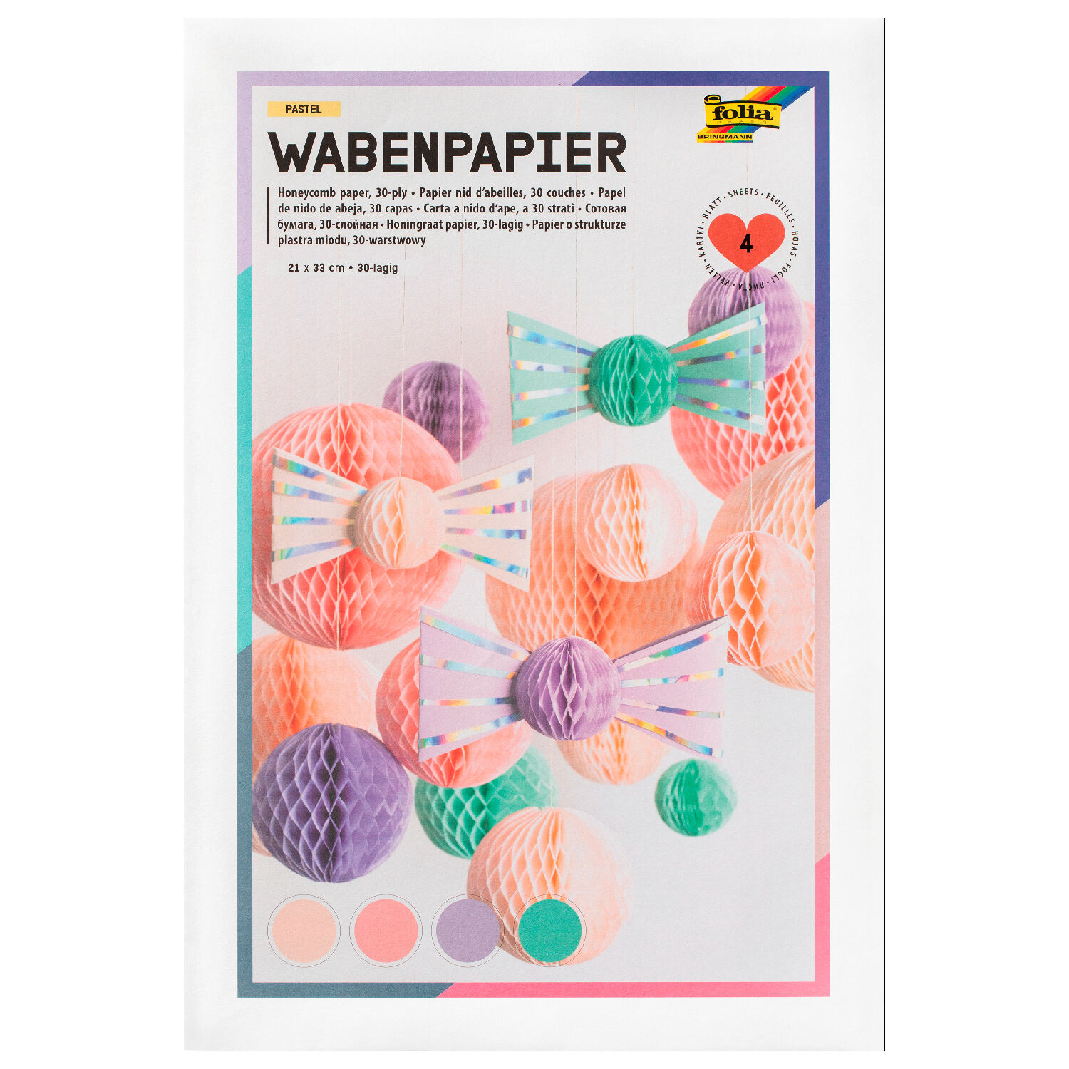 Wabenpapier Pastell, 30-lagig, 21x33cm, 4 Blatt, farbig sortiert