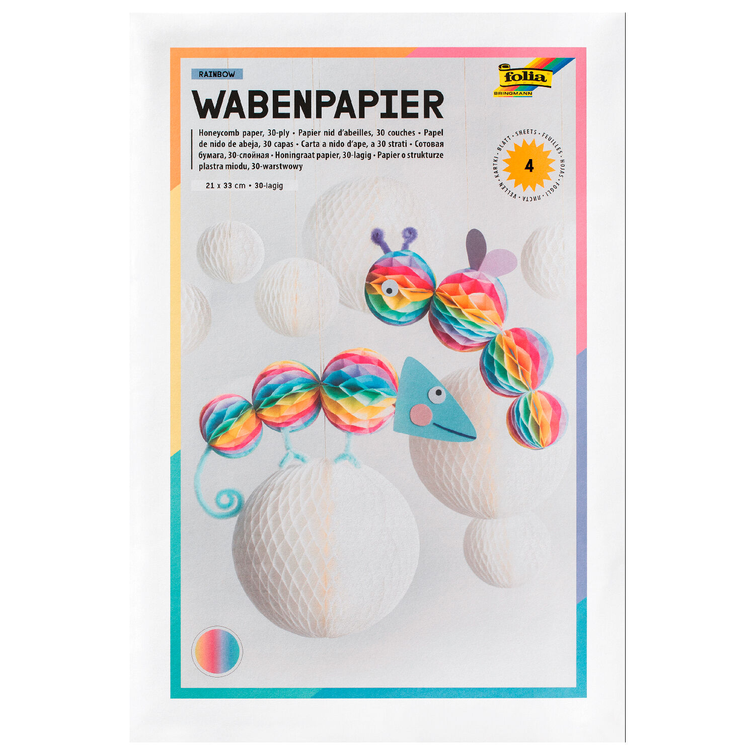 Wabenpapier Regenbogen, 30-lagig, 21x33cm, 4 Blatt