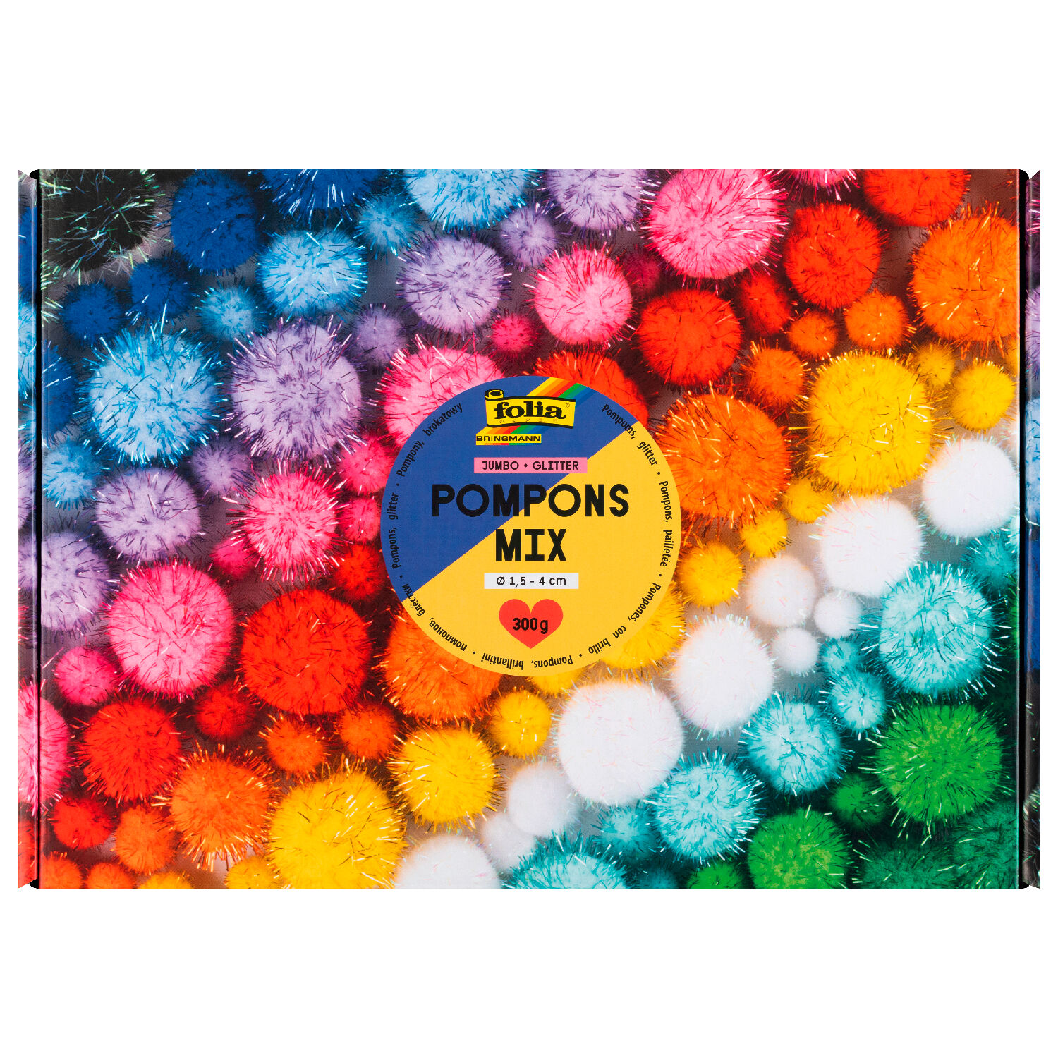 Pompons Mix Box Jumbo Glitter, 300g, ca. 730 Stück, Ø 1,5-4cm, farbig sortiert